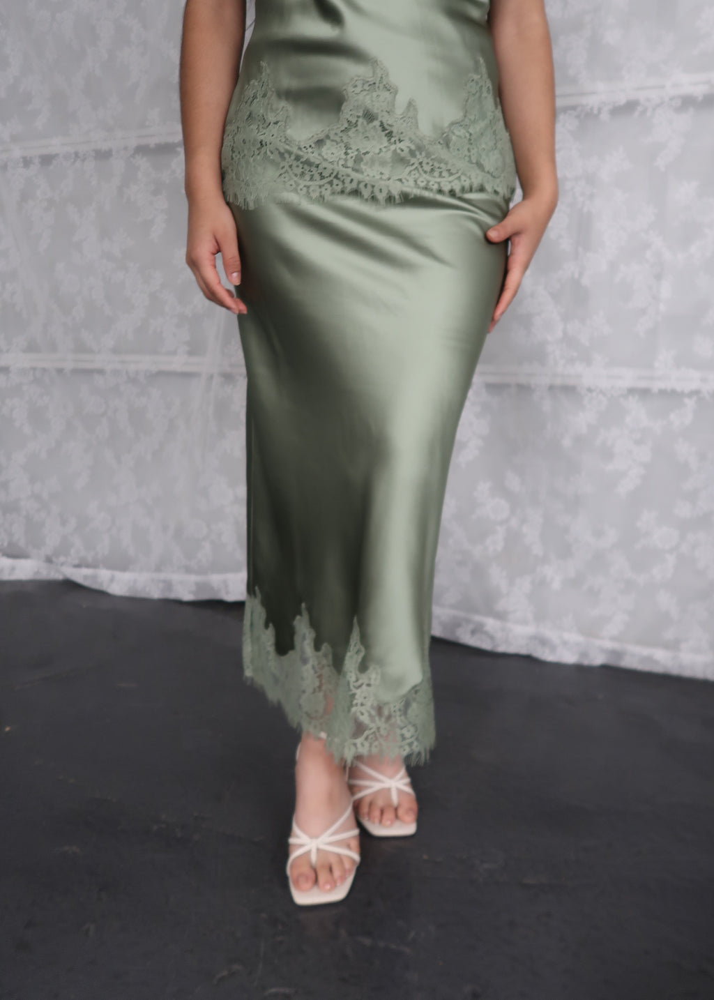 sage green spaghetti top, satin, lace trim