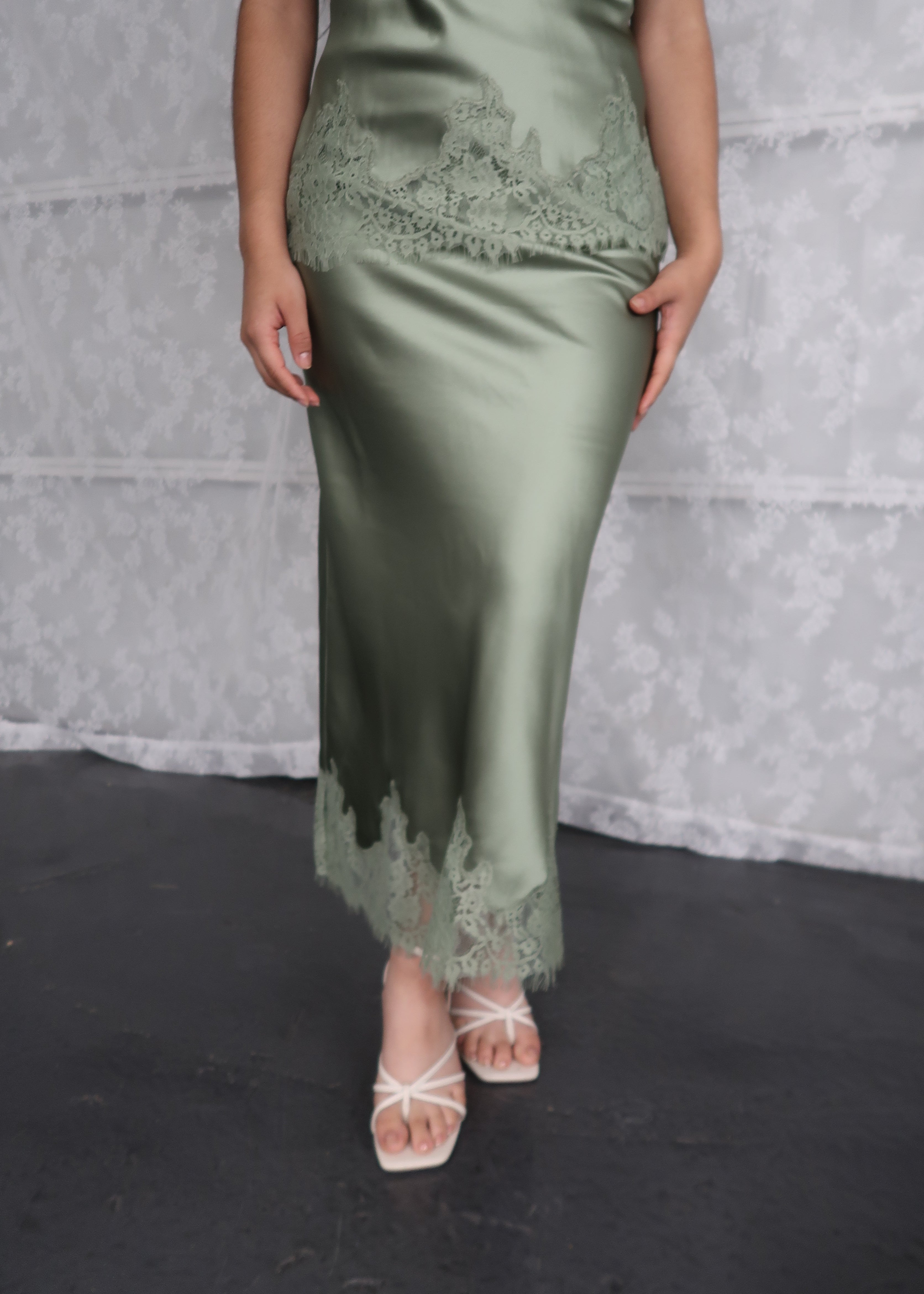 sage green spaghetti top, satin, lace trim