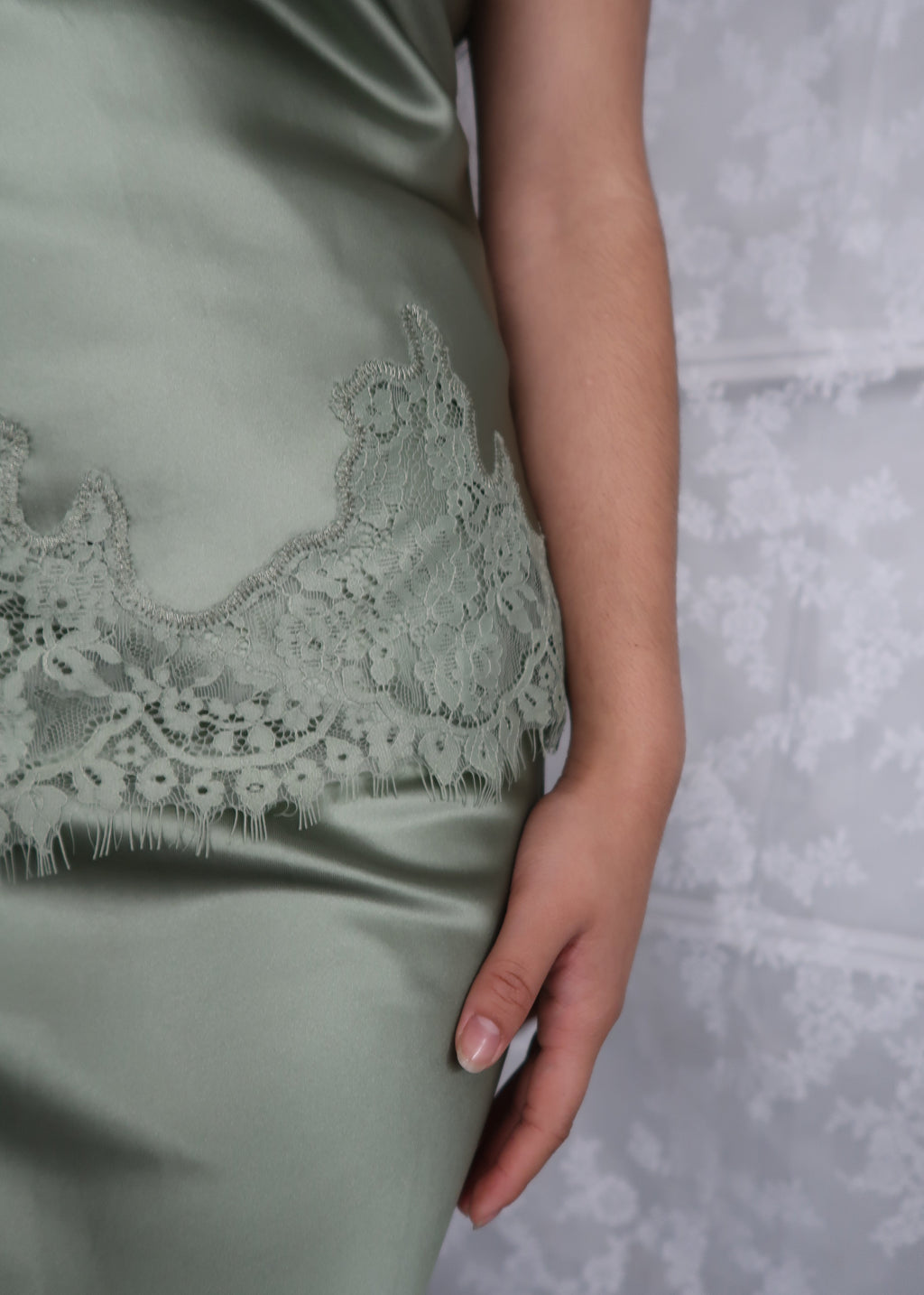 sage green spaghetti top, satin, lace trim