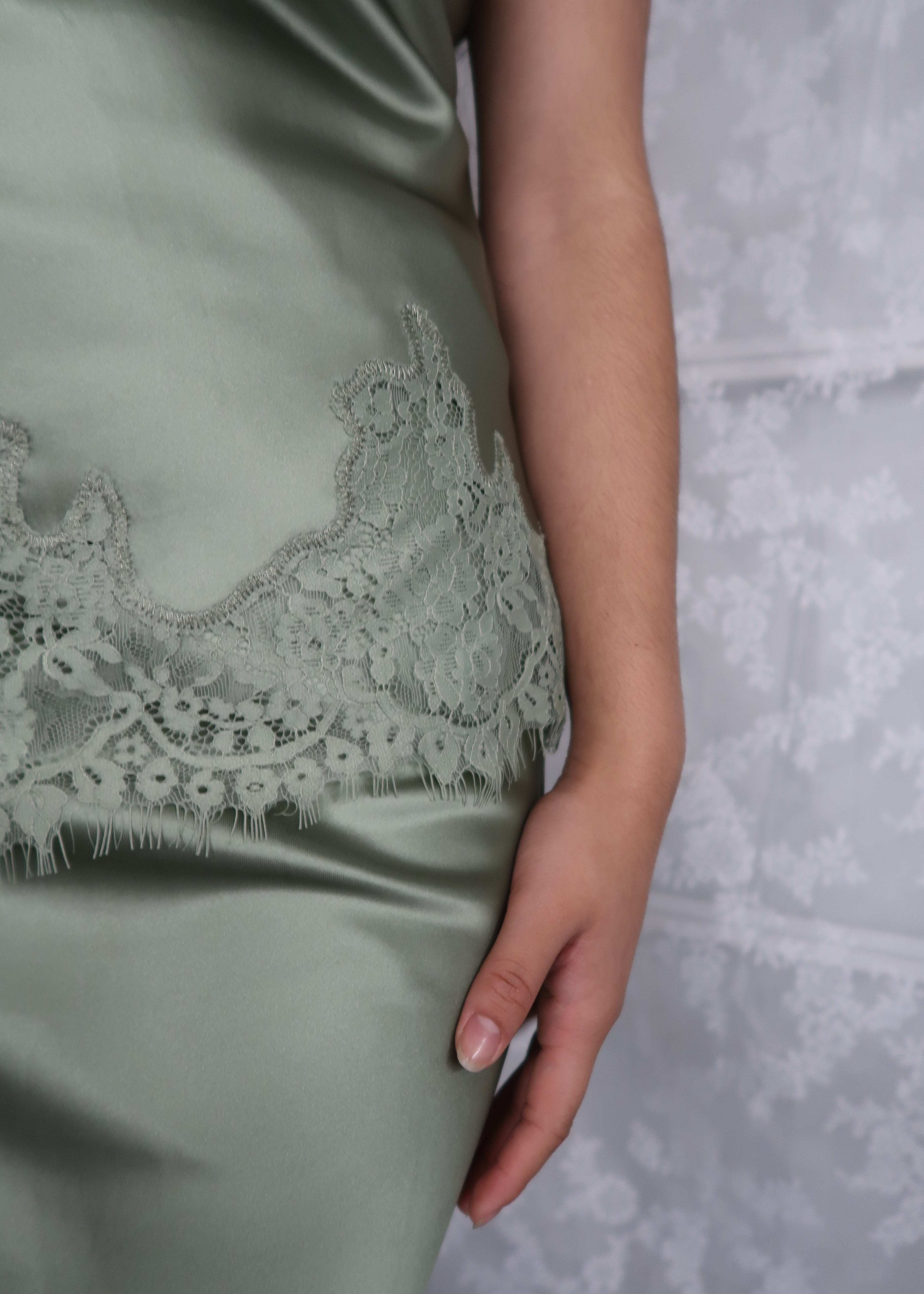sage green spaghetti top, satin, lace trim