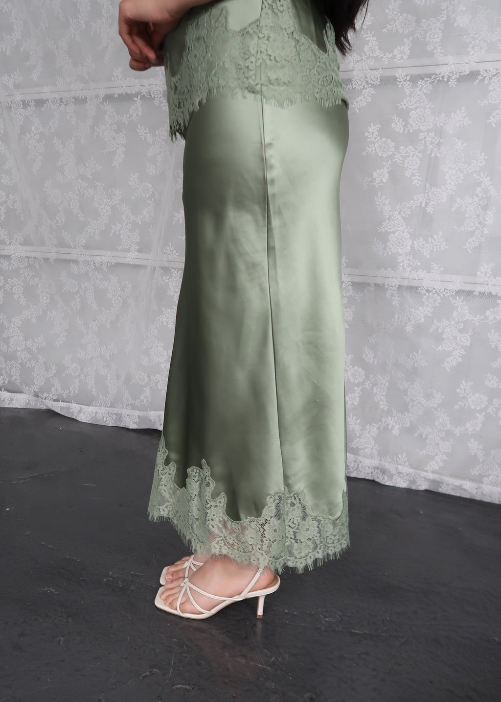 sage green spaghetti top, satin, lace trim