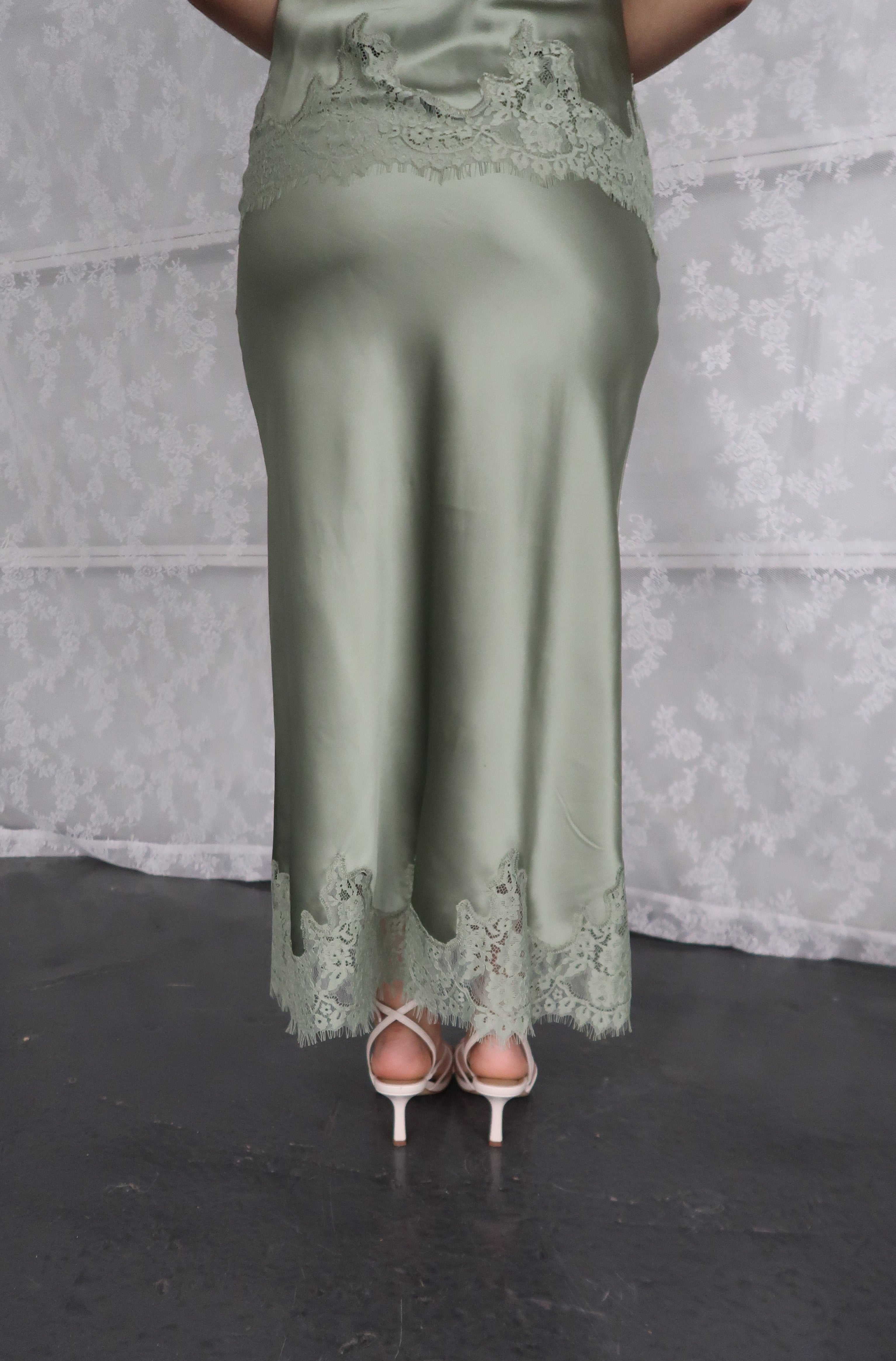 sage green spaghetti top, satin, lace trim