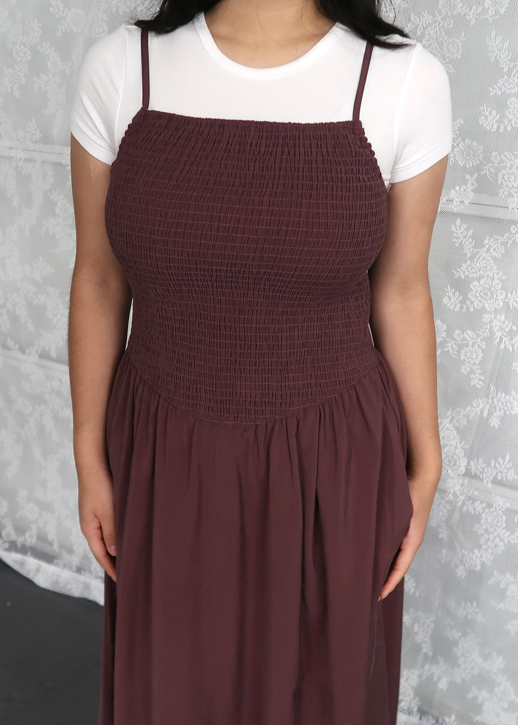 Brown maxi dress, spaghetti strapped, smocked waist, pockets