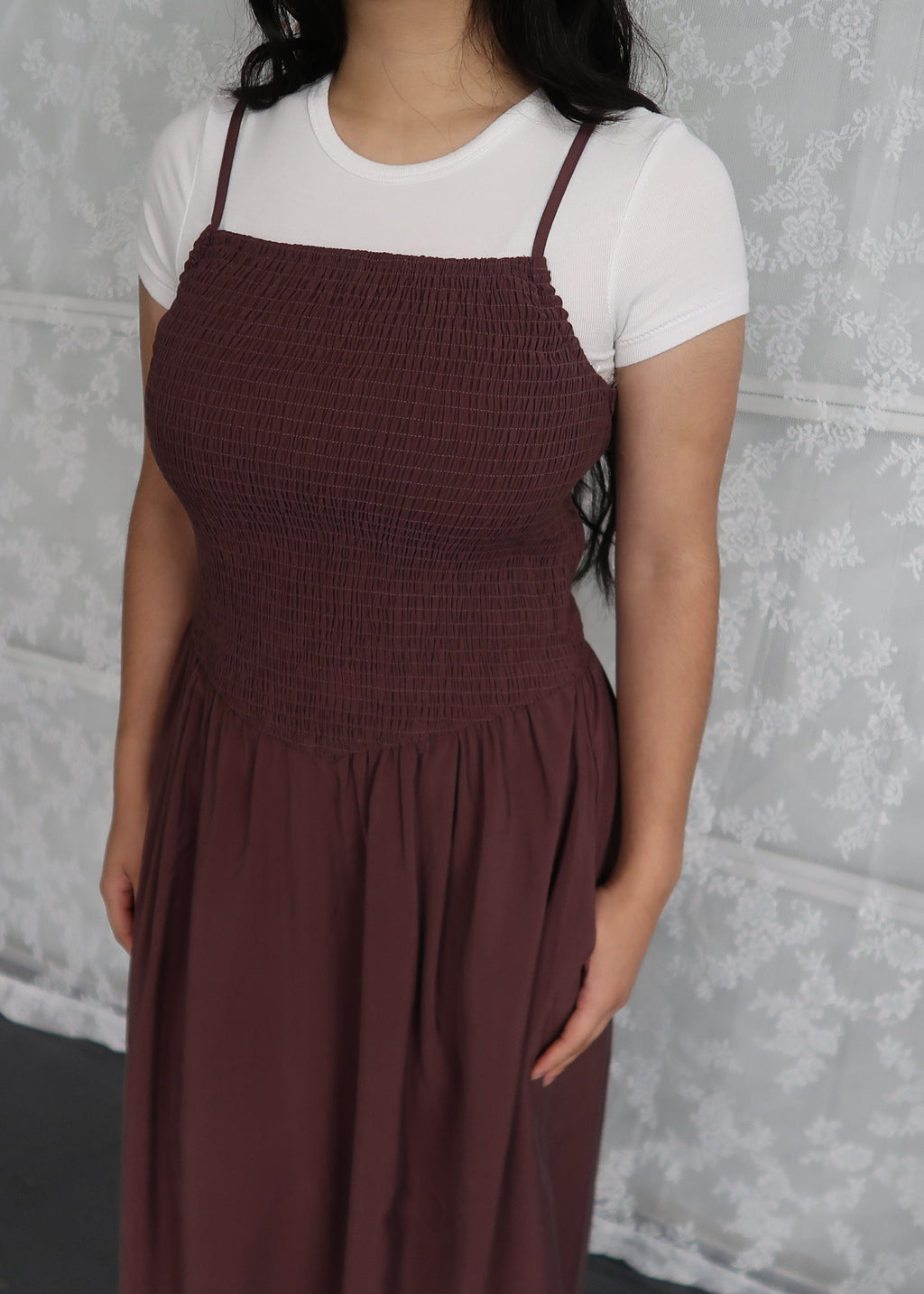 Brown maxi dress, spaghetti strapped, smocked waist, pockets