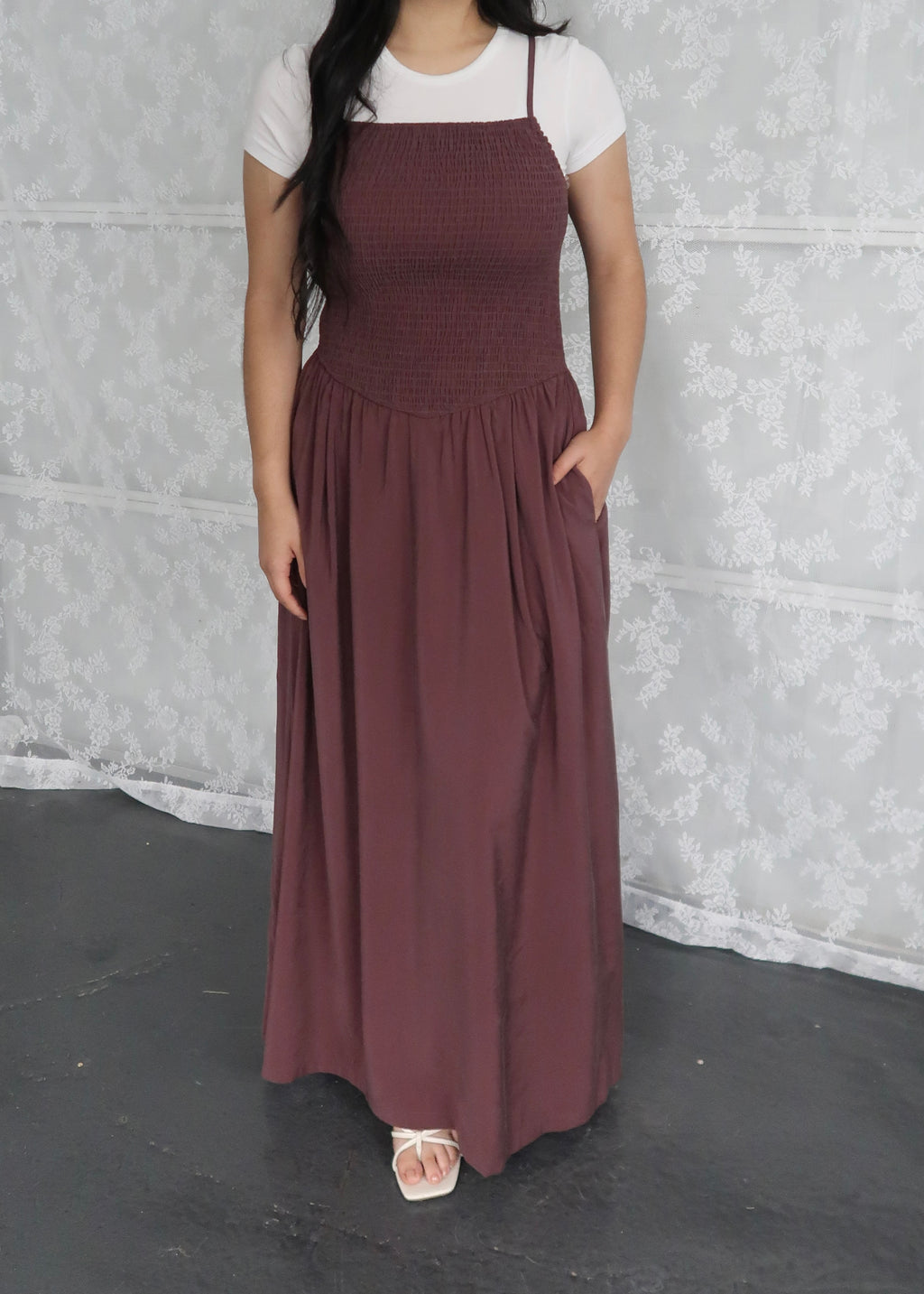 Brown maxi dress, spaghetti strapped, smocked waist, pockets