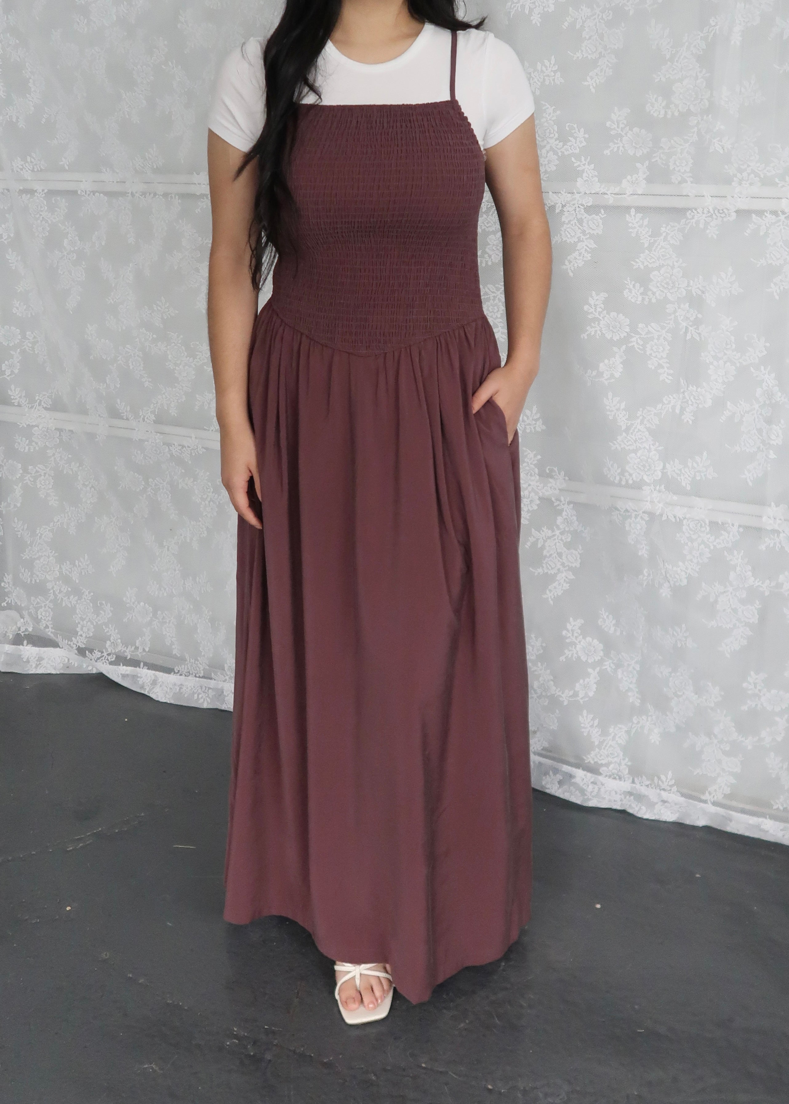 Brown maxi dress, spaghetti strapped, smocked waist, pockets