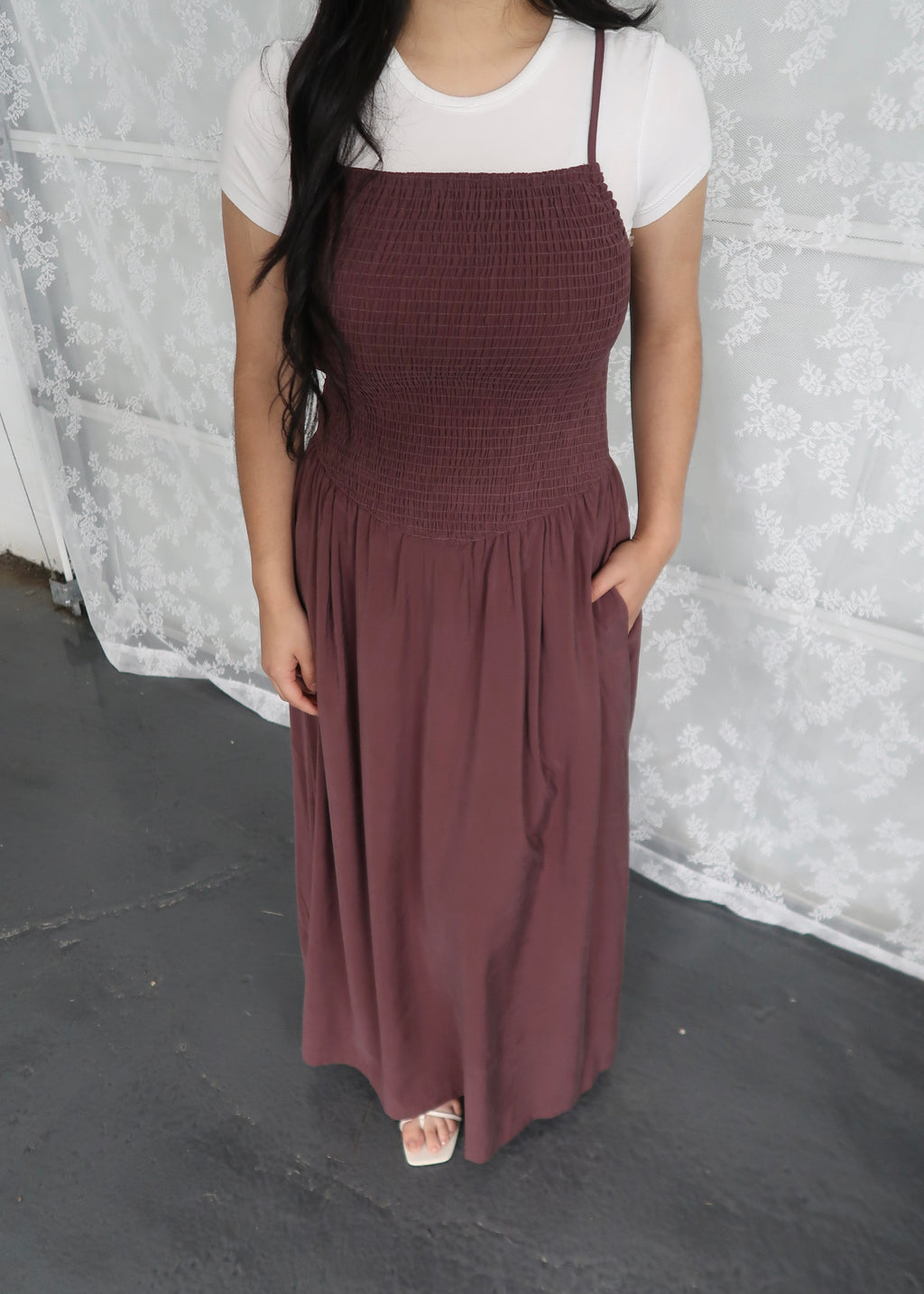 Brown maxi dress, spaghetti strapped, smocked waist, pockets