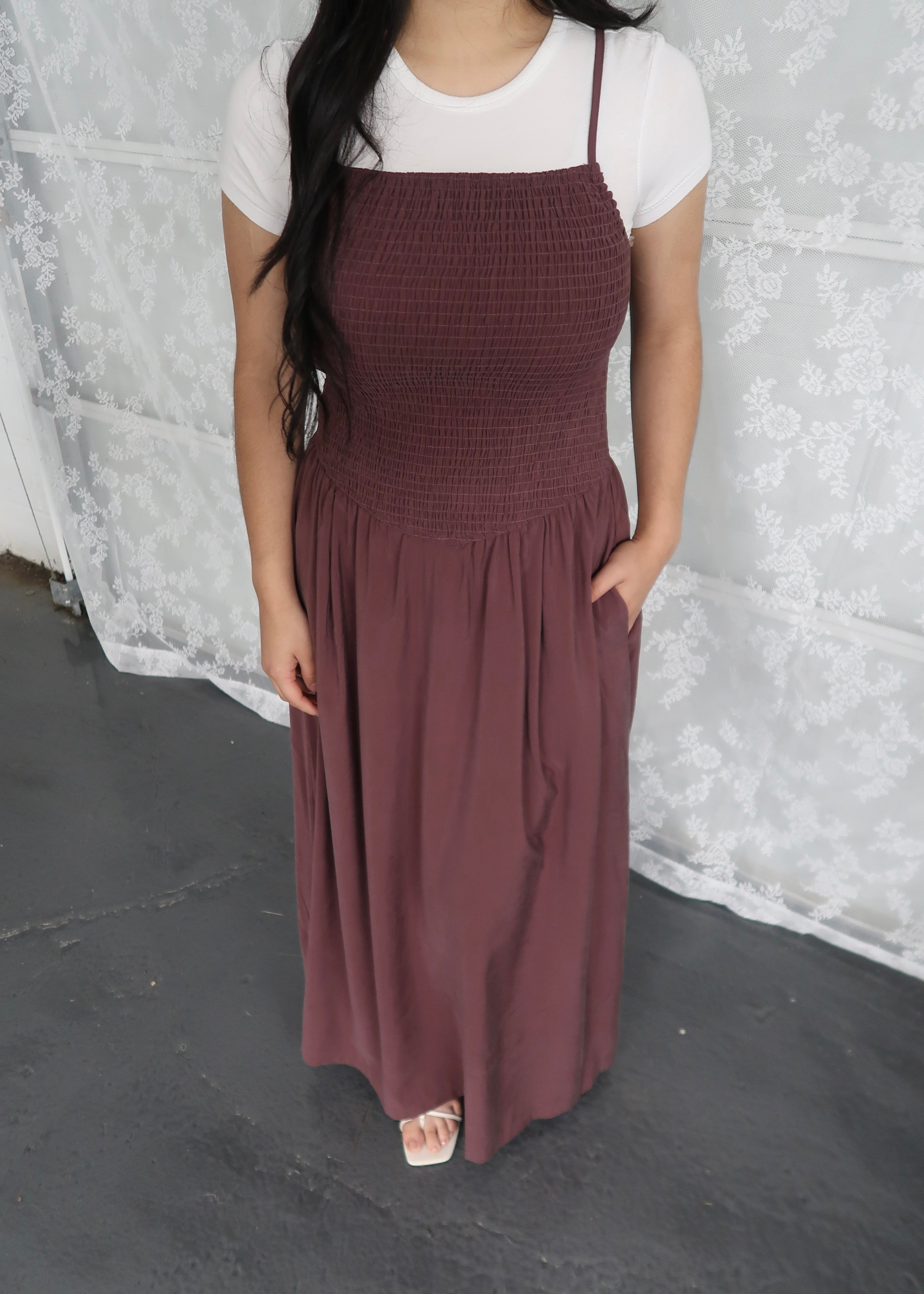 Brown maxi dress, spaghetti strapped, smocked waist, pockets