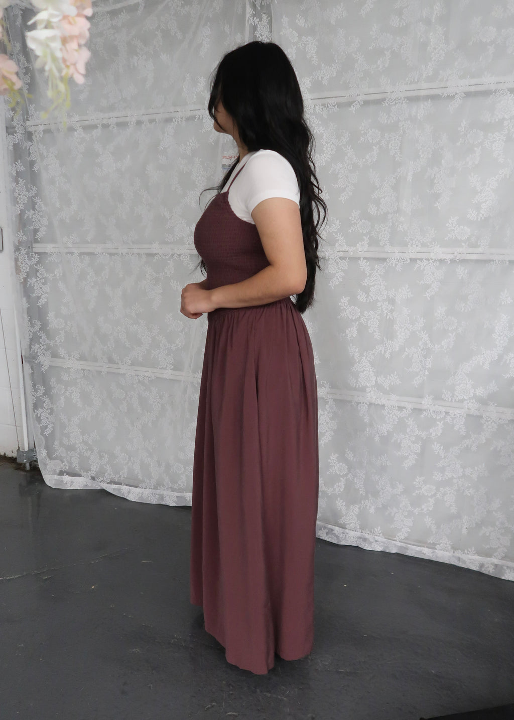 Brown maxi dress, spaghetti strapped, smocked waist, pockets