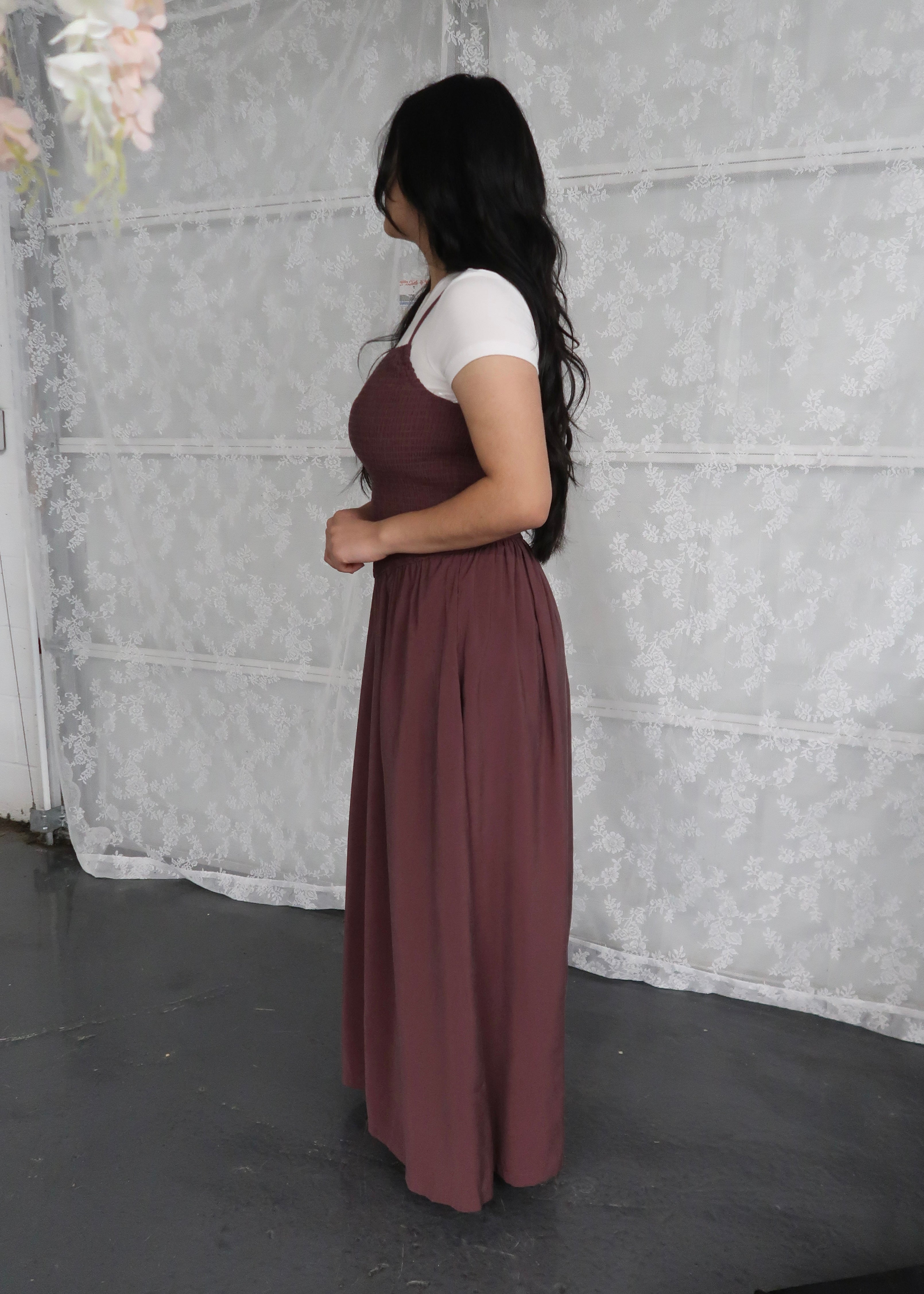 Brown maxi dress, spaghetti strapped, smocked waist, pockets