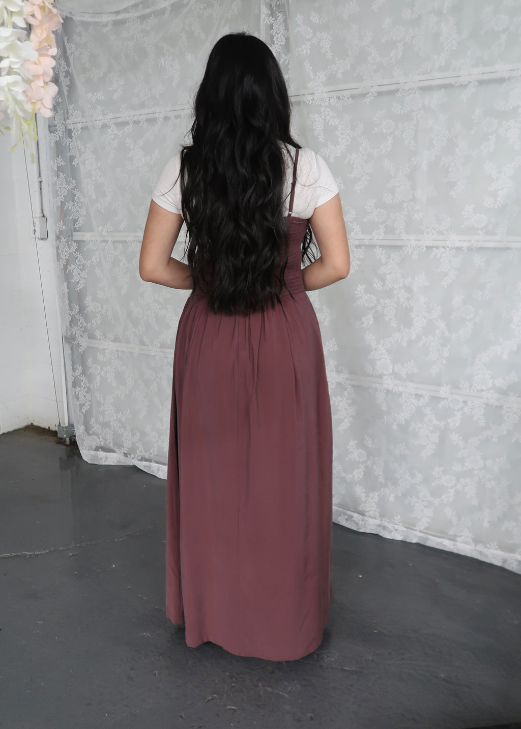 Brown maxi dress, spaghetti strapped, smocked waist, pockets