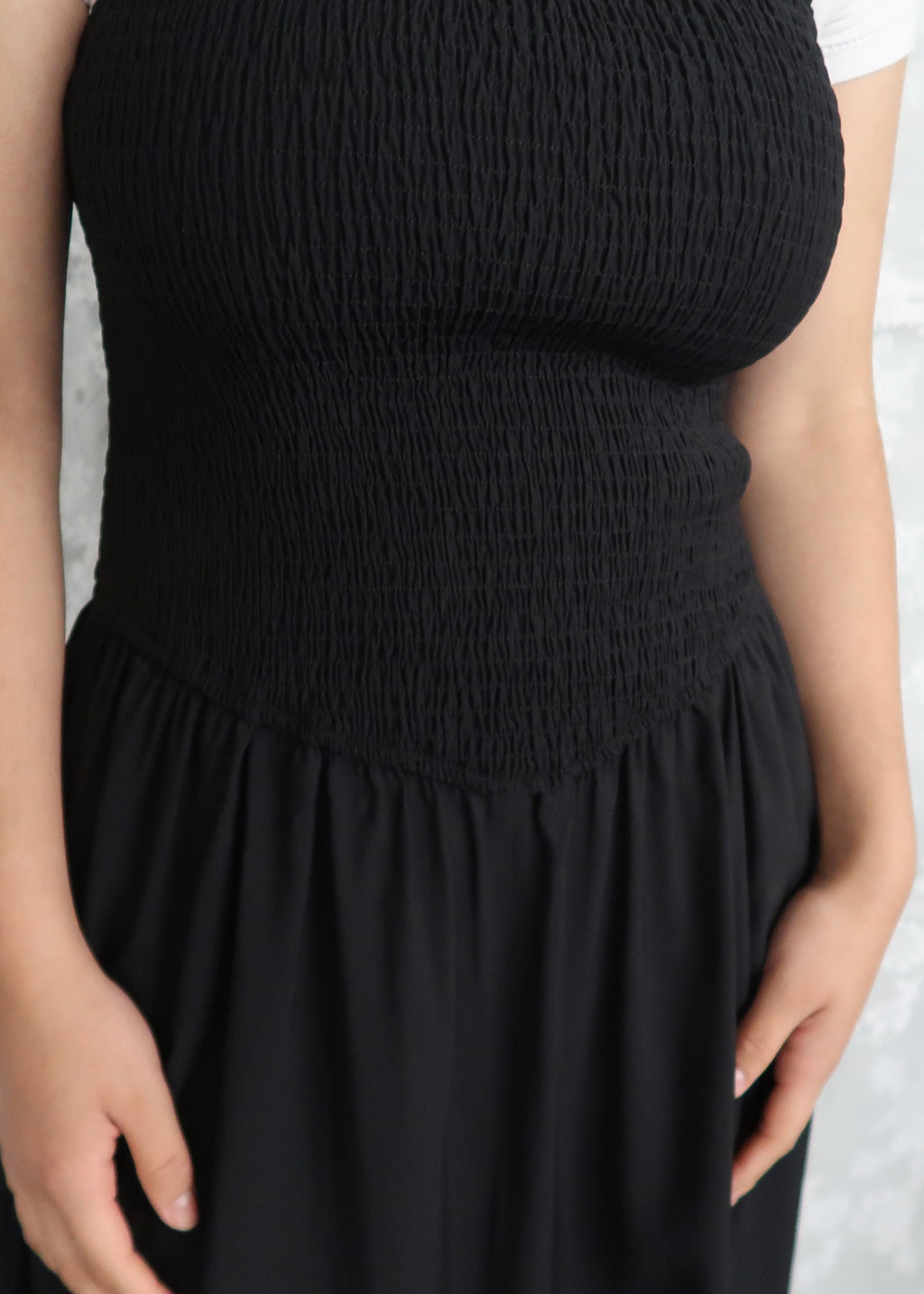 black maxi dress, spaghetti strap dress, smocked, pocket