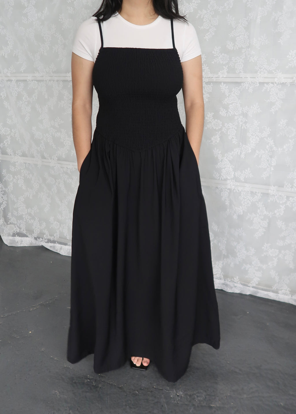 black maxi dress, spaghetti strap dress, smocked, pocket