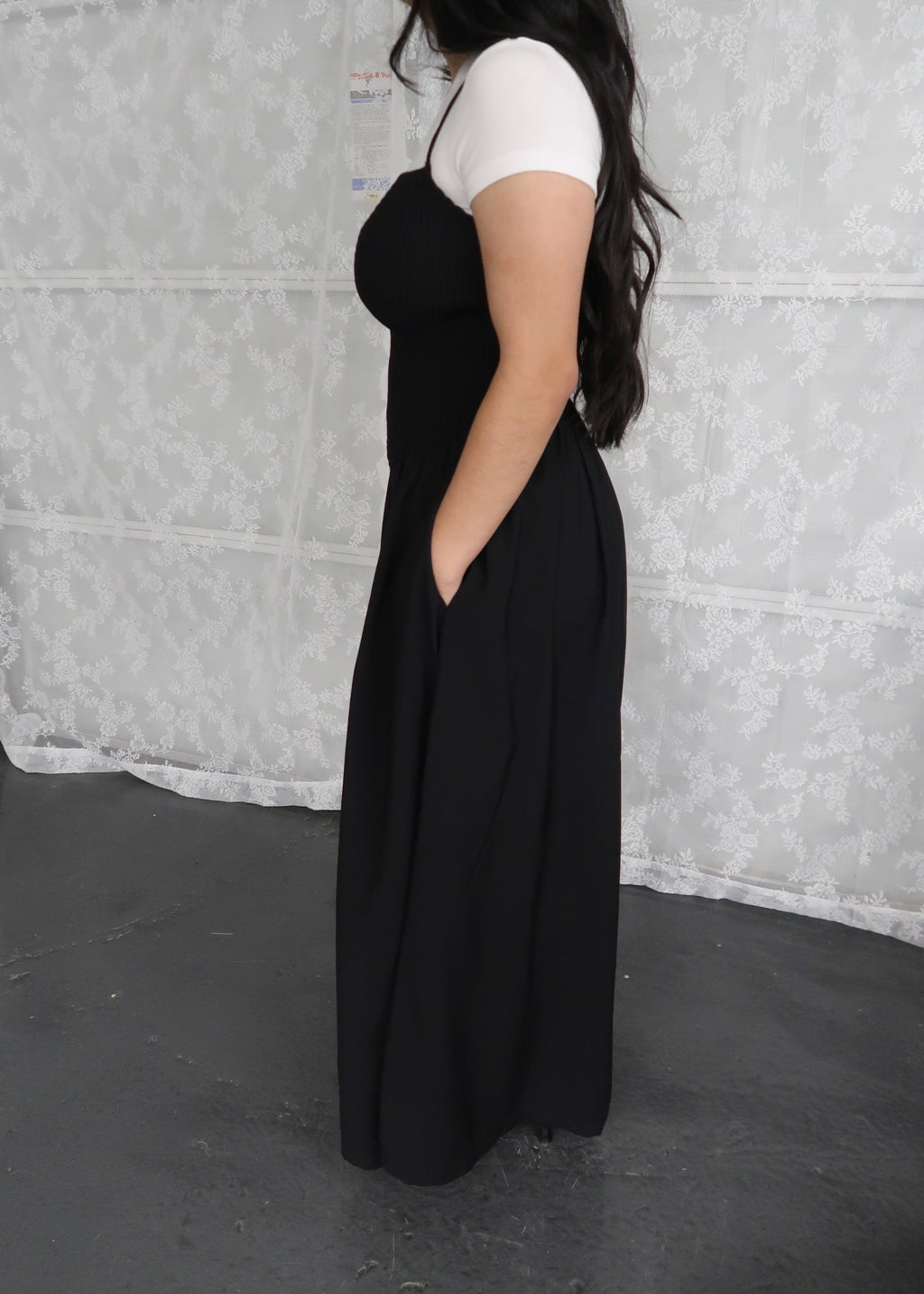 black maxi dress, spaghetti strap dress, smocked, pocket