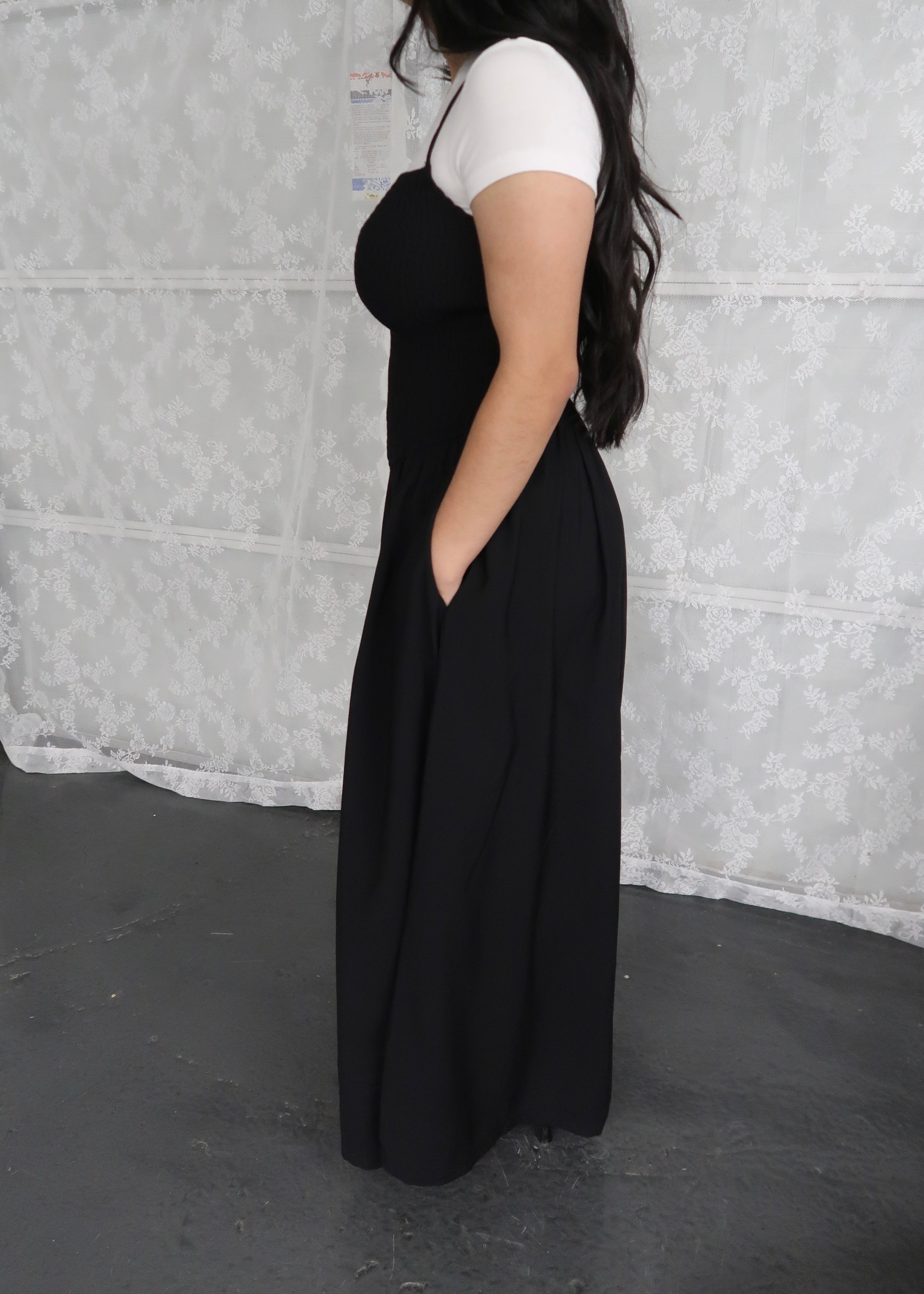 black maxi dress, spaghetti strap dress, smocked, pocket