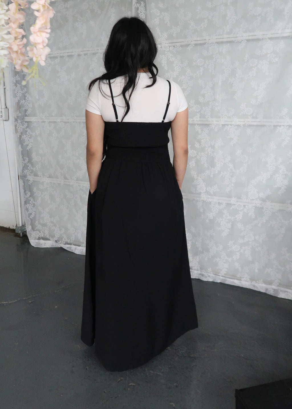 black maxi dress, spaghetti strap dress, smocked, pocket