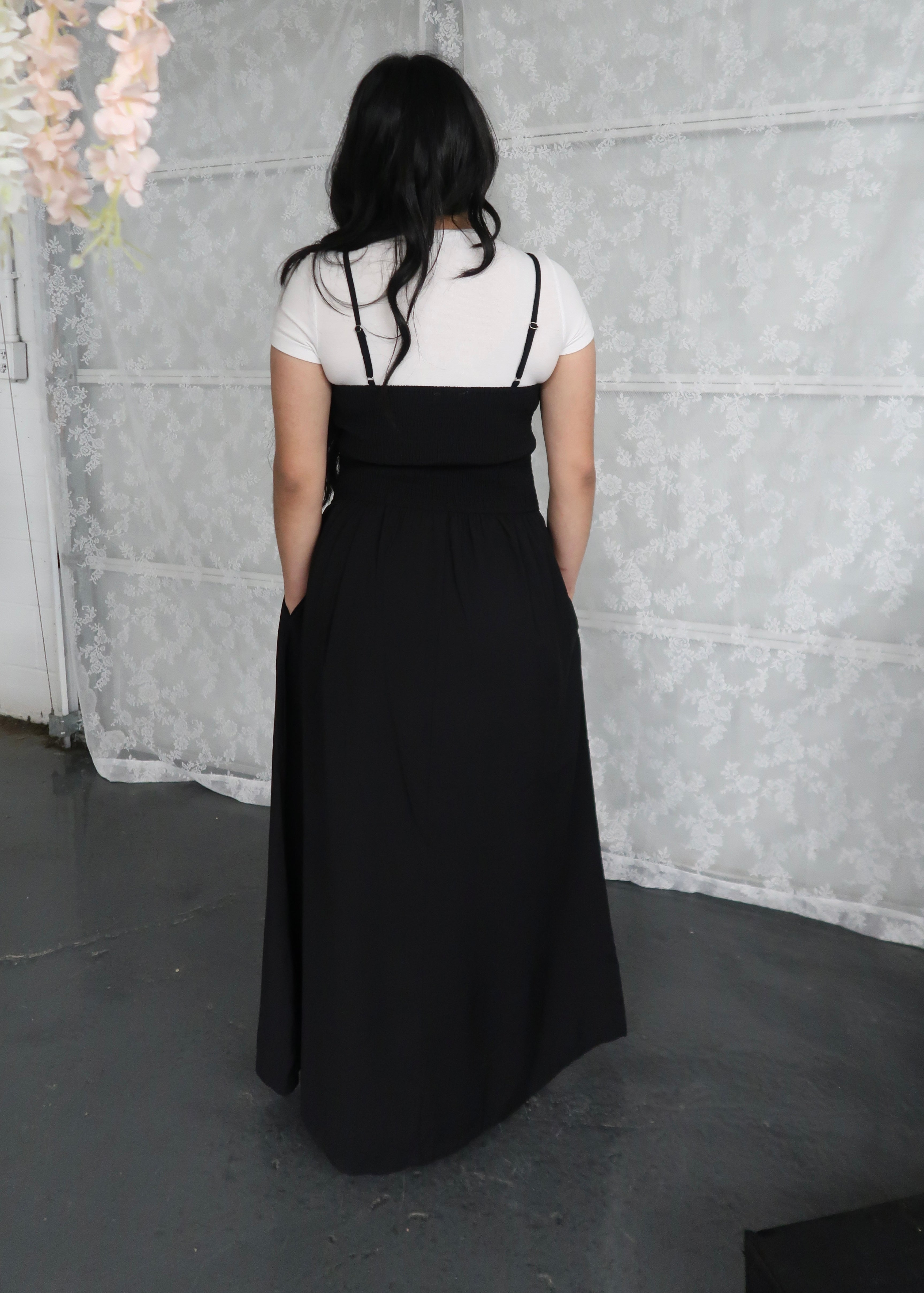 black maxi dress, spaghetti strap dress, smocked, pocket
