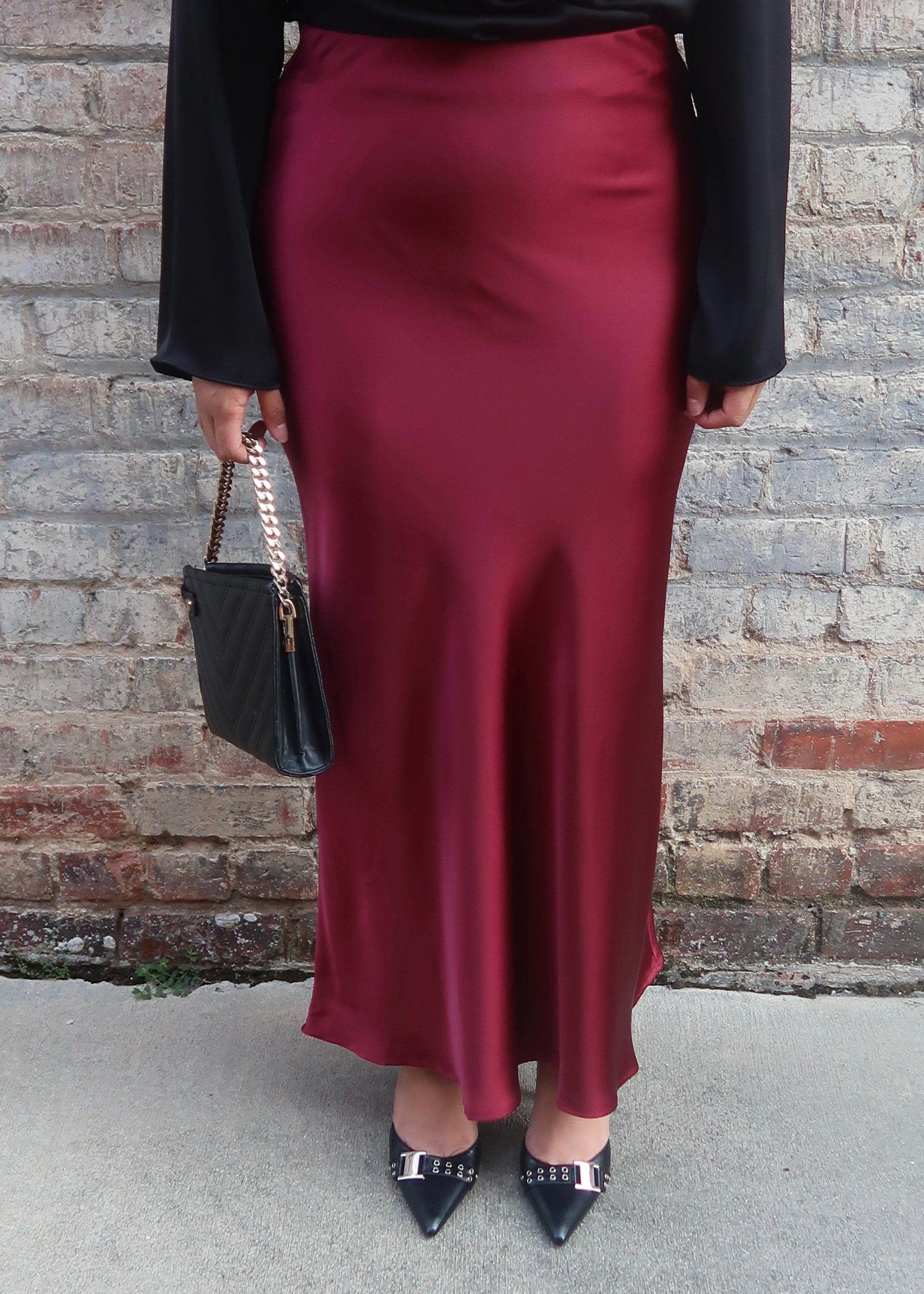 Burgundy satin maxi skirt best sale