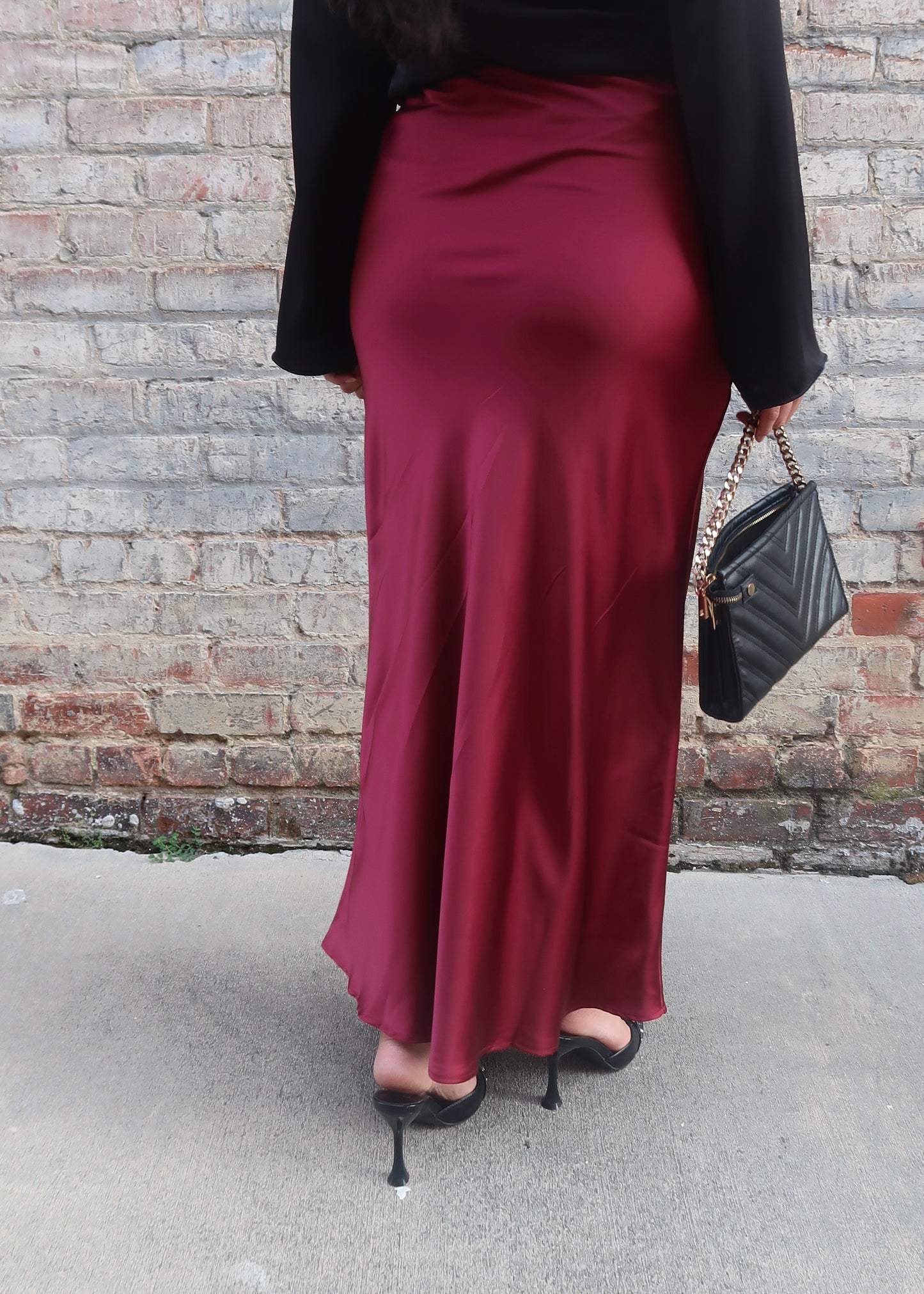 Burgundy maxi satin skirt