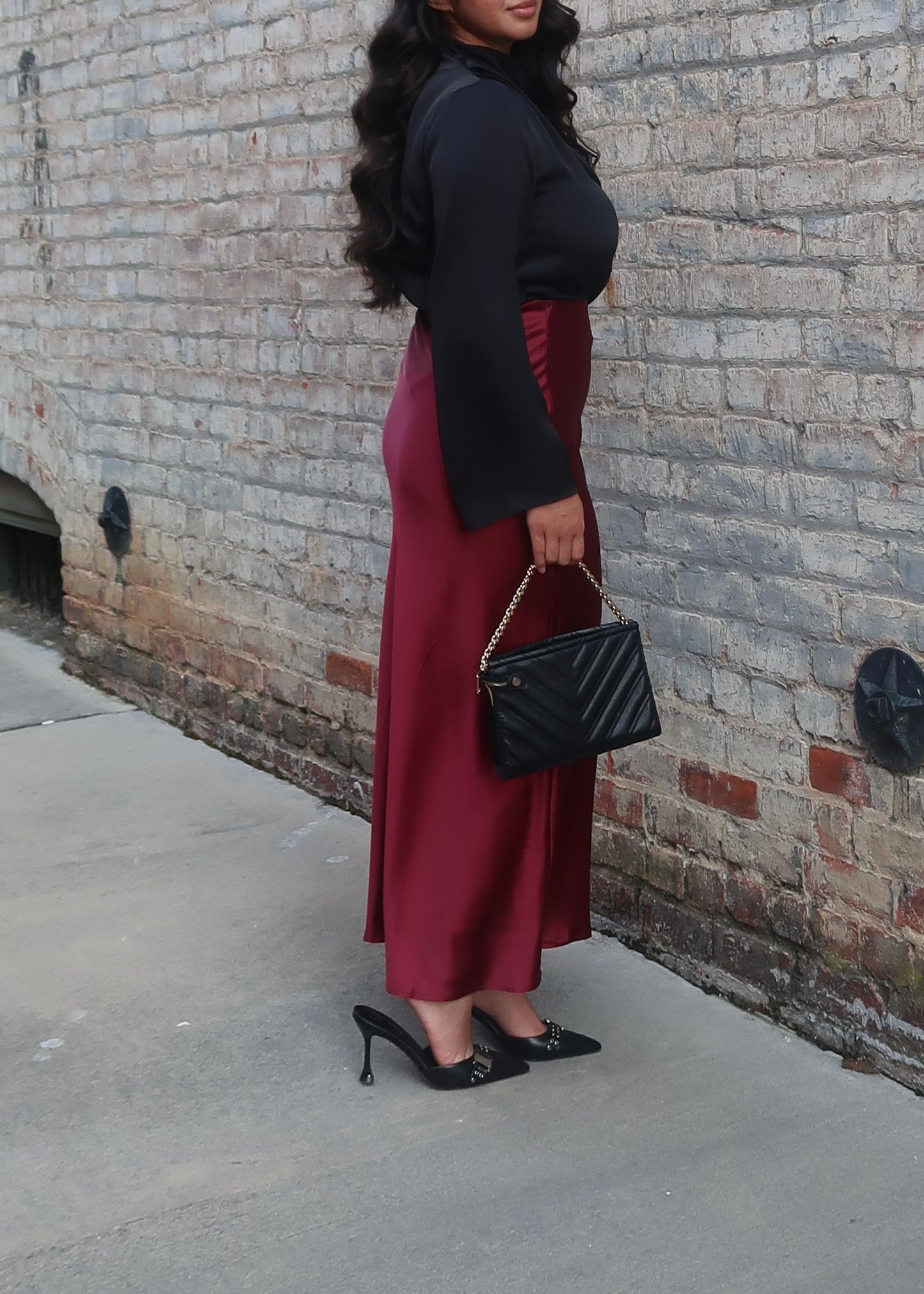 Burgundy maxi satin skirt