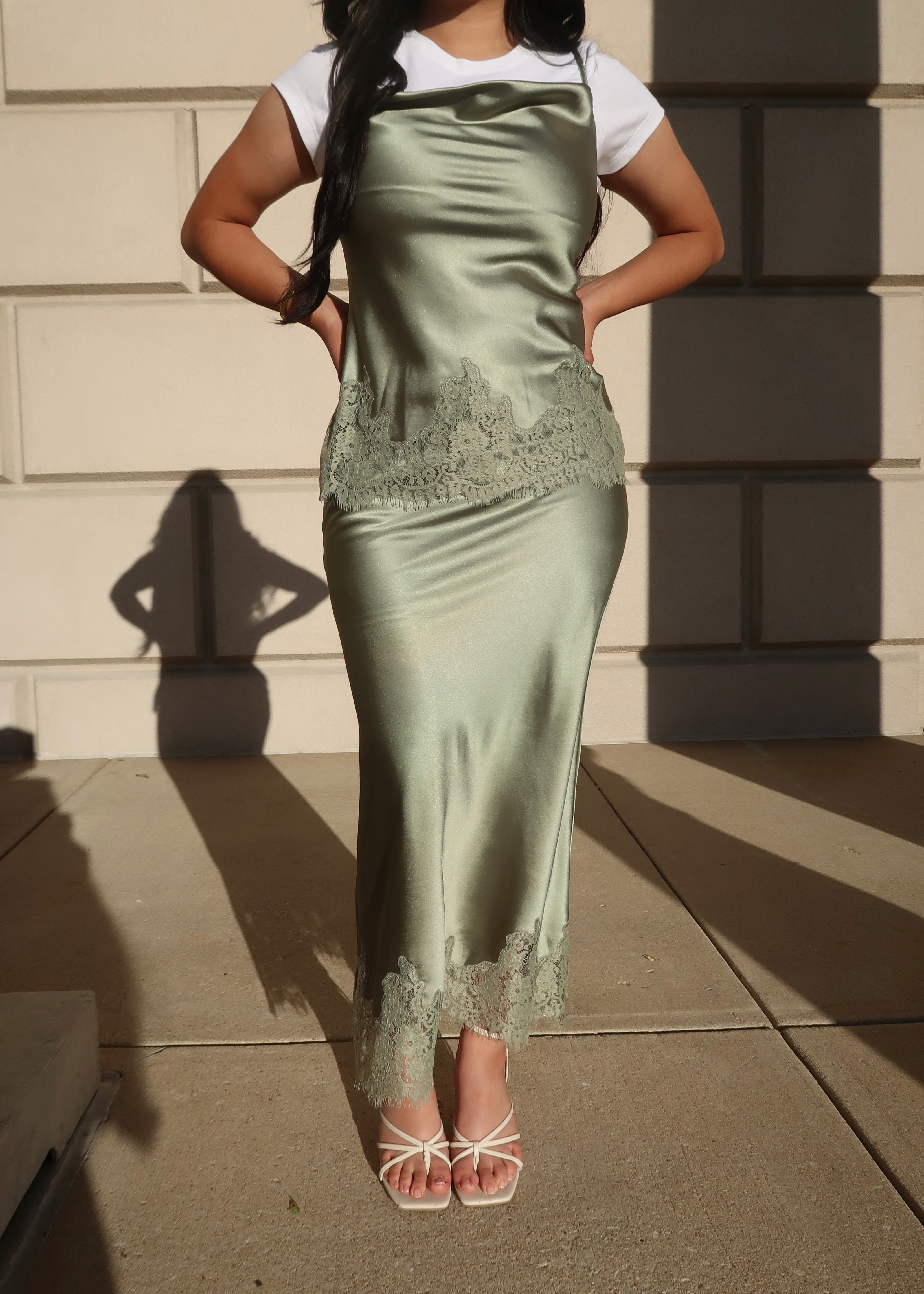 sage spaghetti strap satin shirt, lace trim