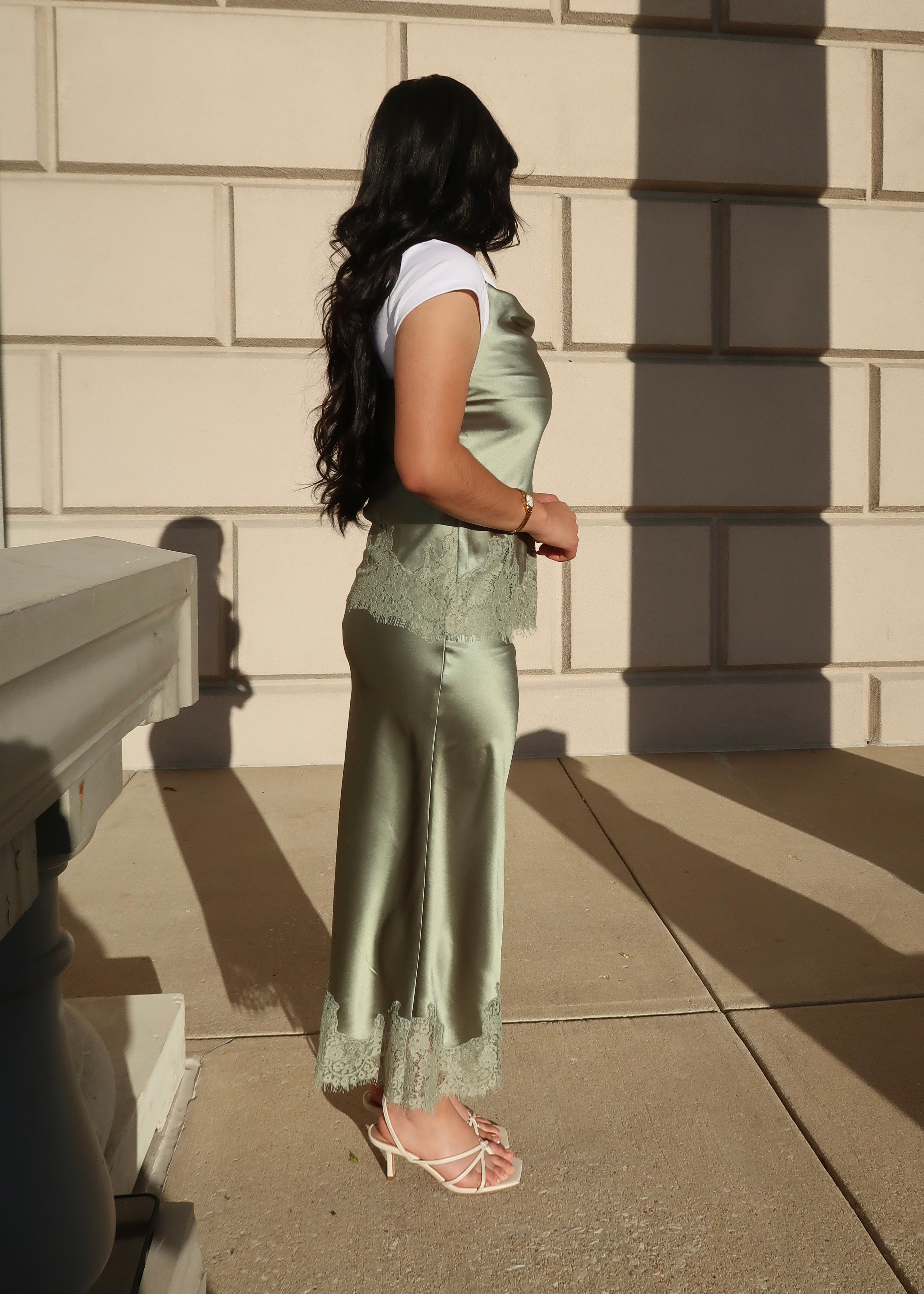 sage spaghetti strap satin shirt, lace trim