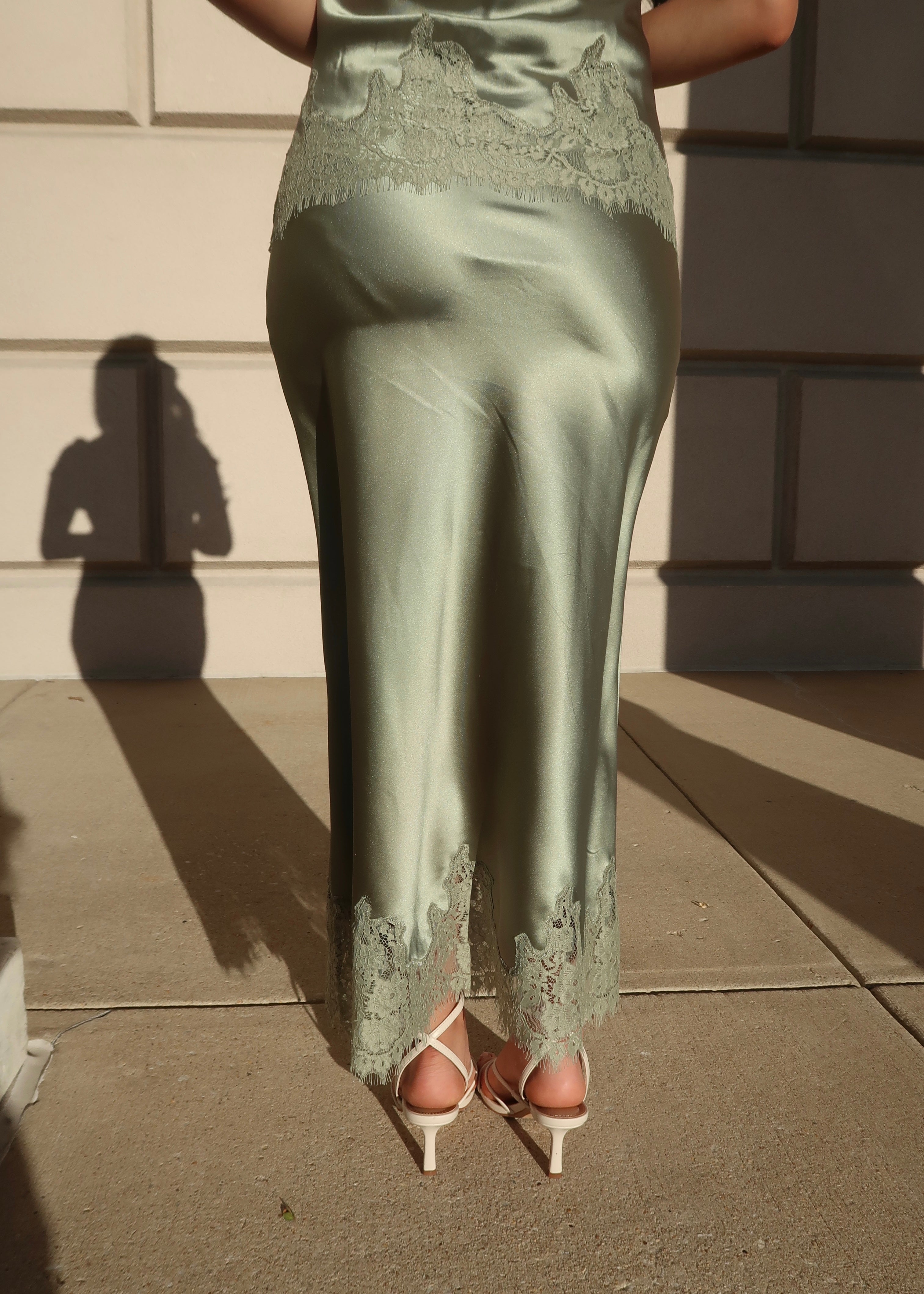 sage lace midi skirt, lace trim, satin skirt 