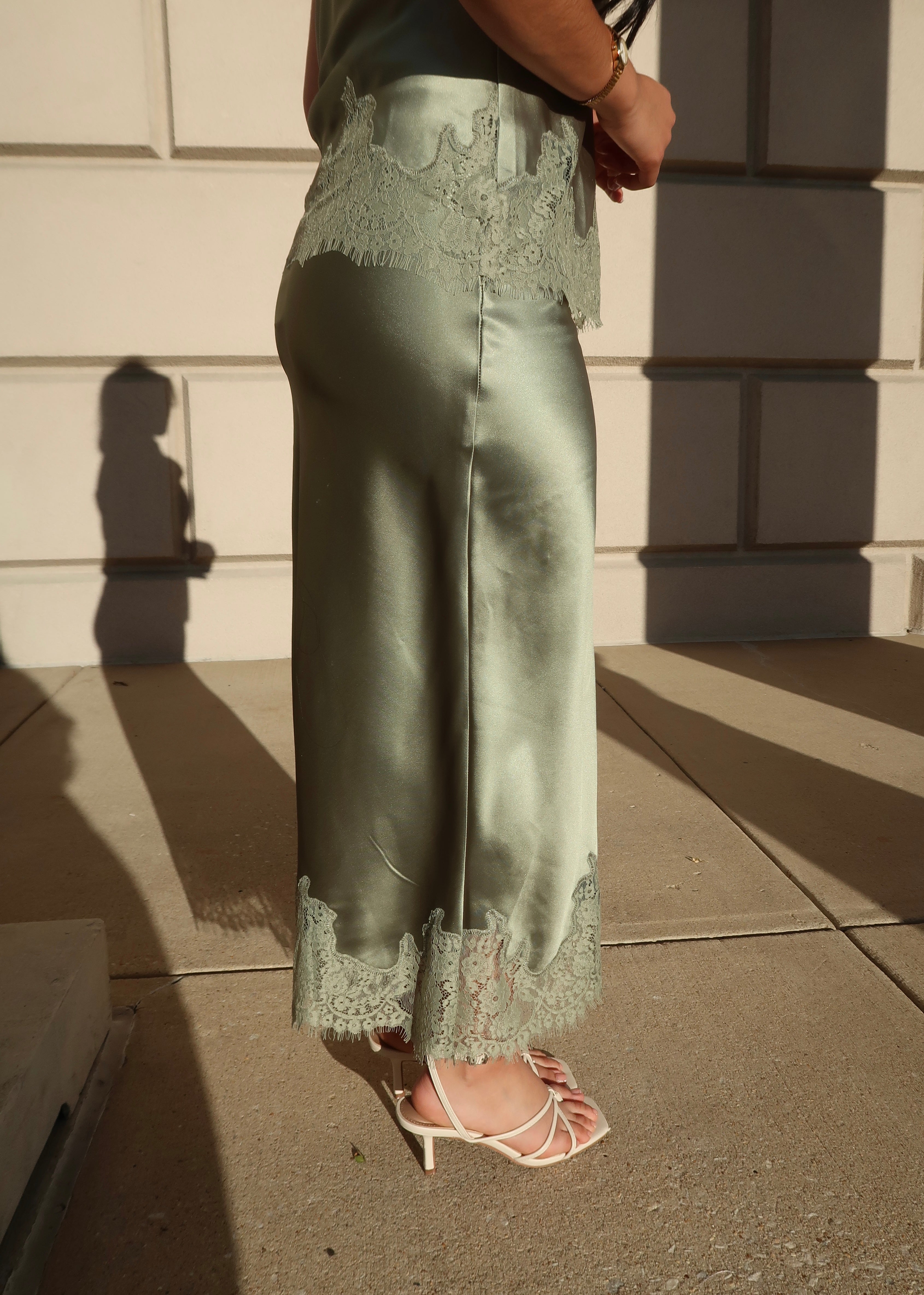 sage lace midi skirt, lace trim, satin skirt 