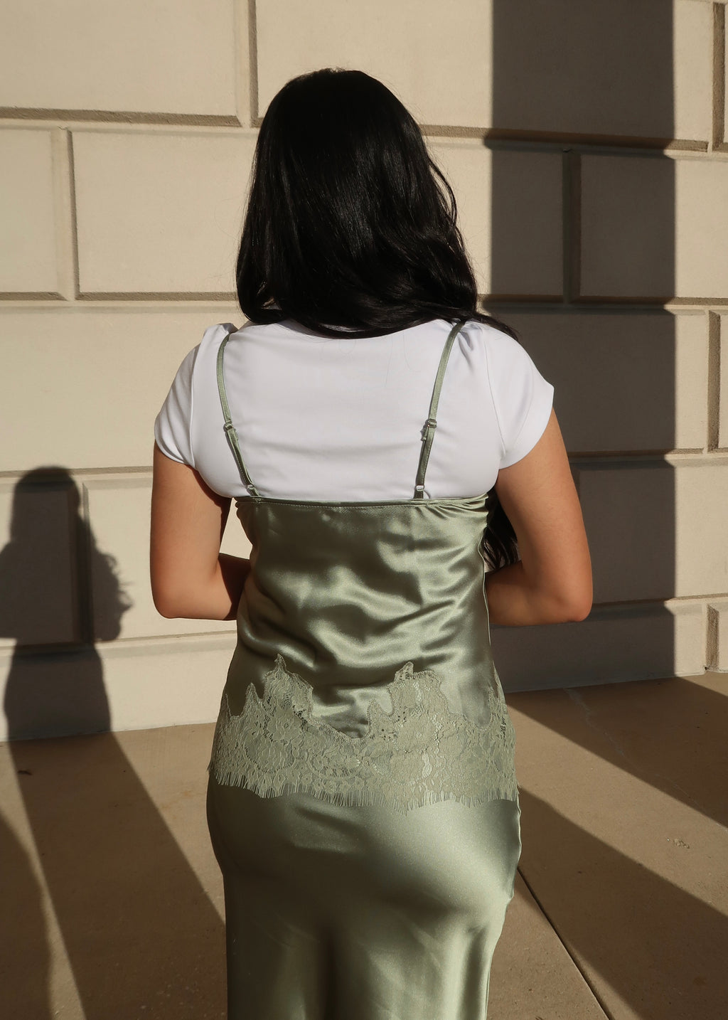 sage spaghetti strap satin shirt, lace trim