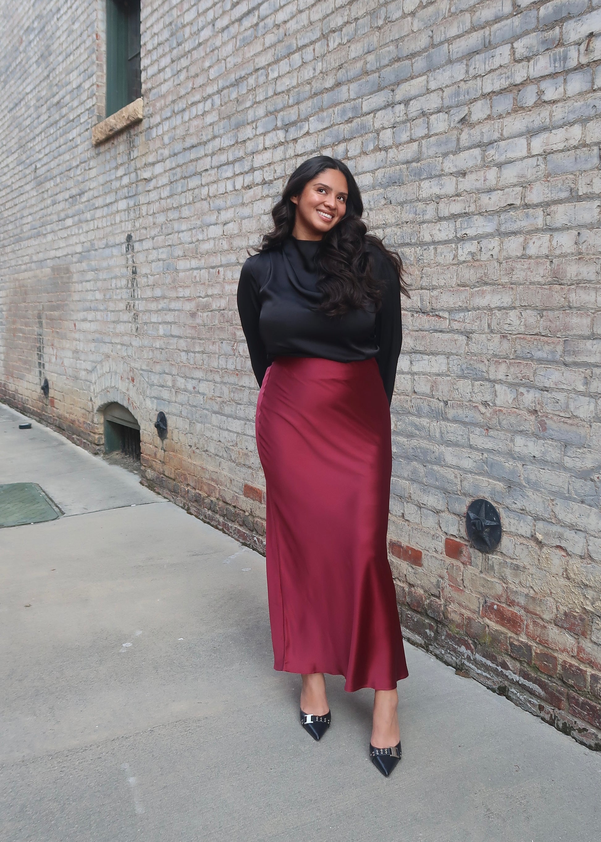 Burgundy maxi satin skirt