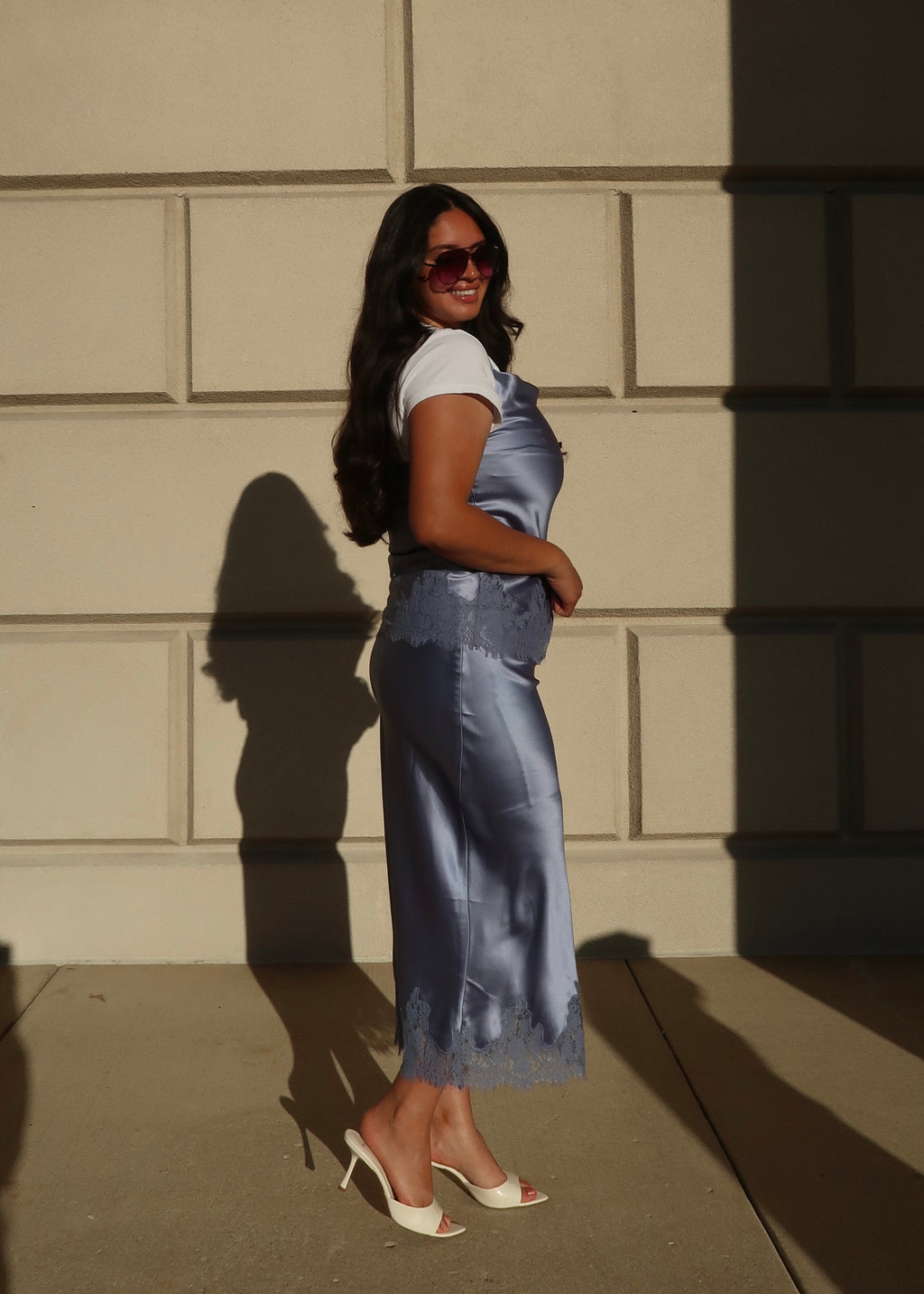 slate blue satin midi skirt, lace trim