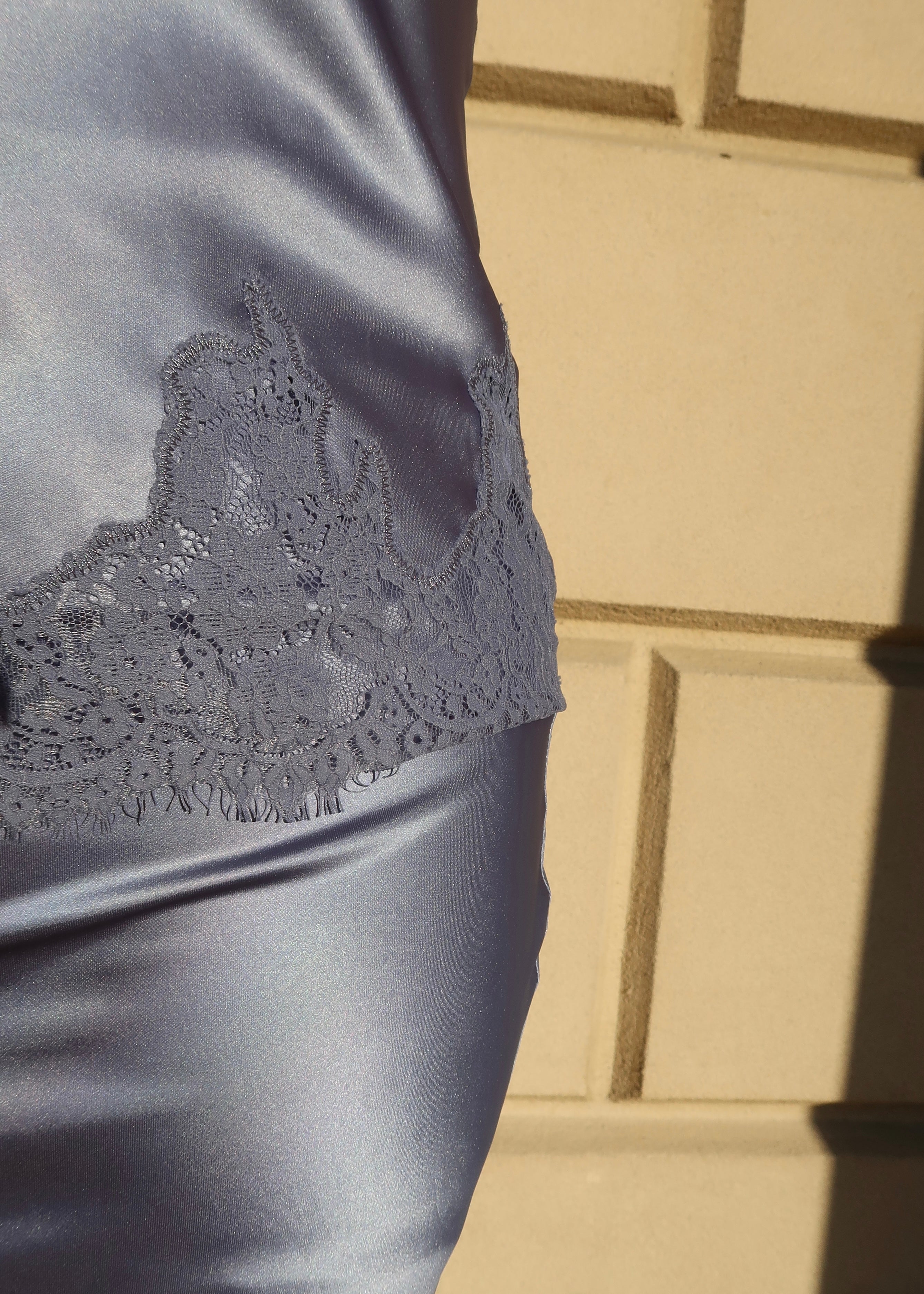 slate blue satin spaghetti strap top lace trim