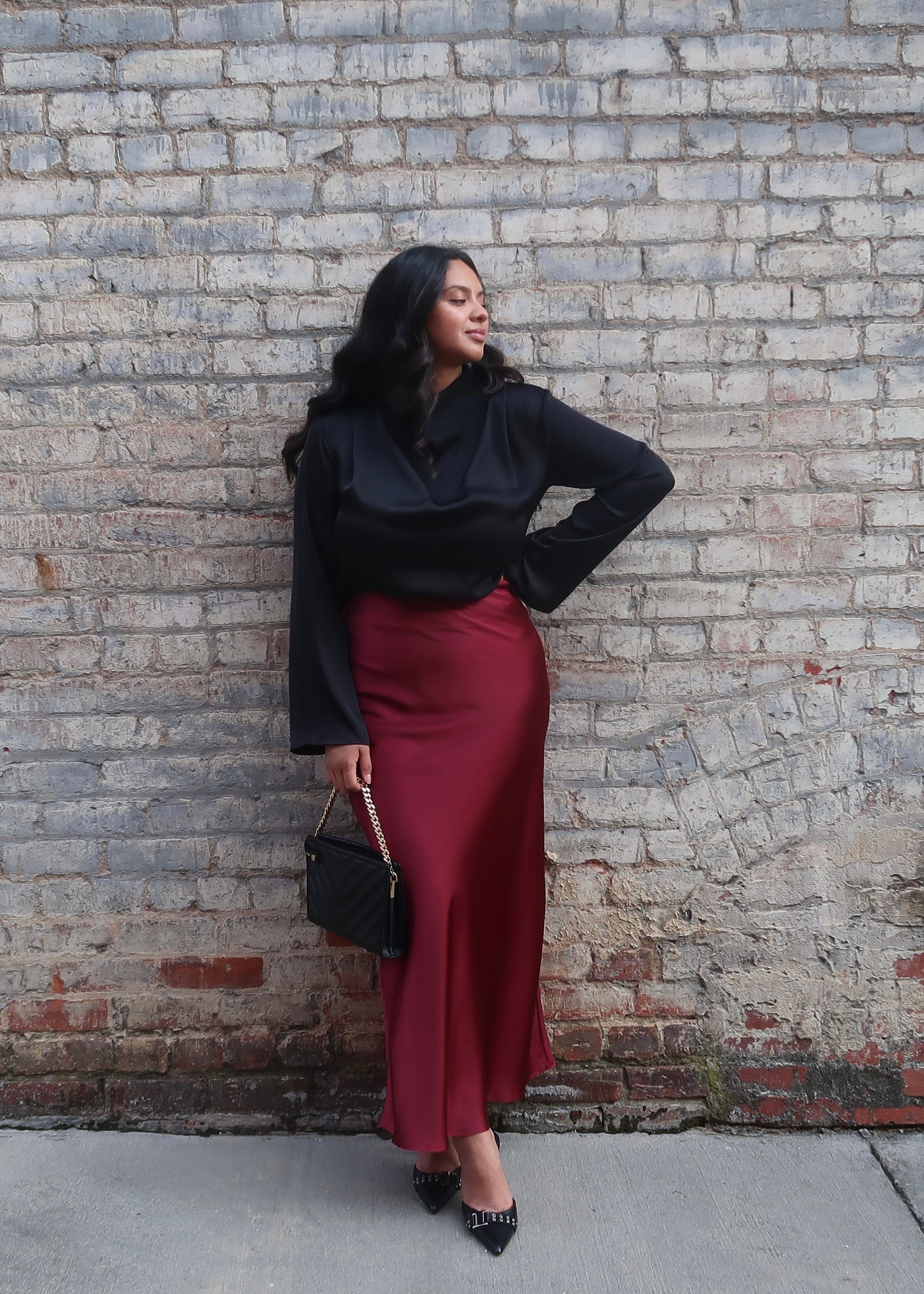 Burgundy maxi satin skirt