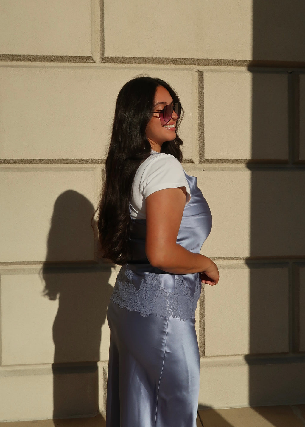 slate blue satin spaghetti strap top lace trim