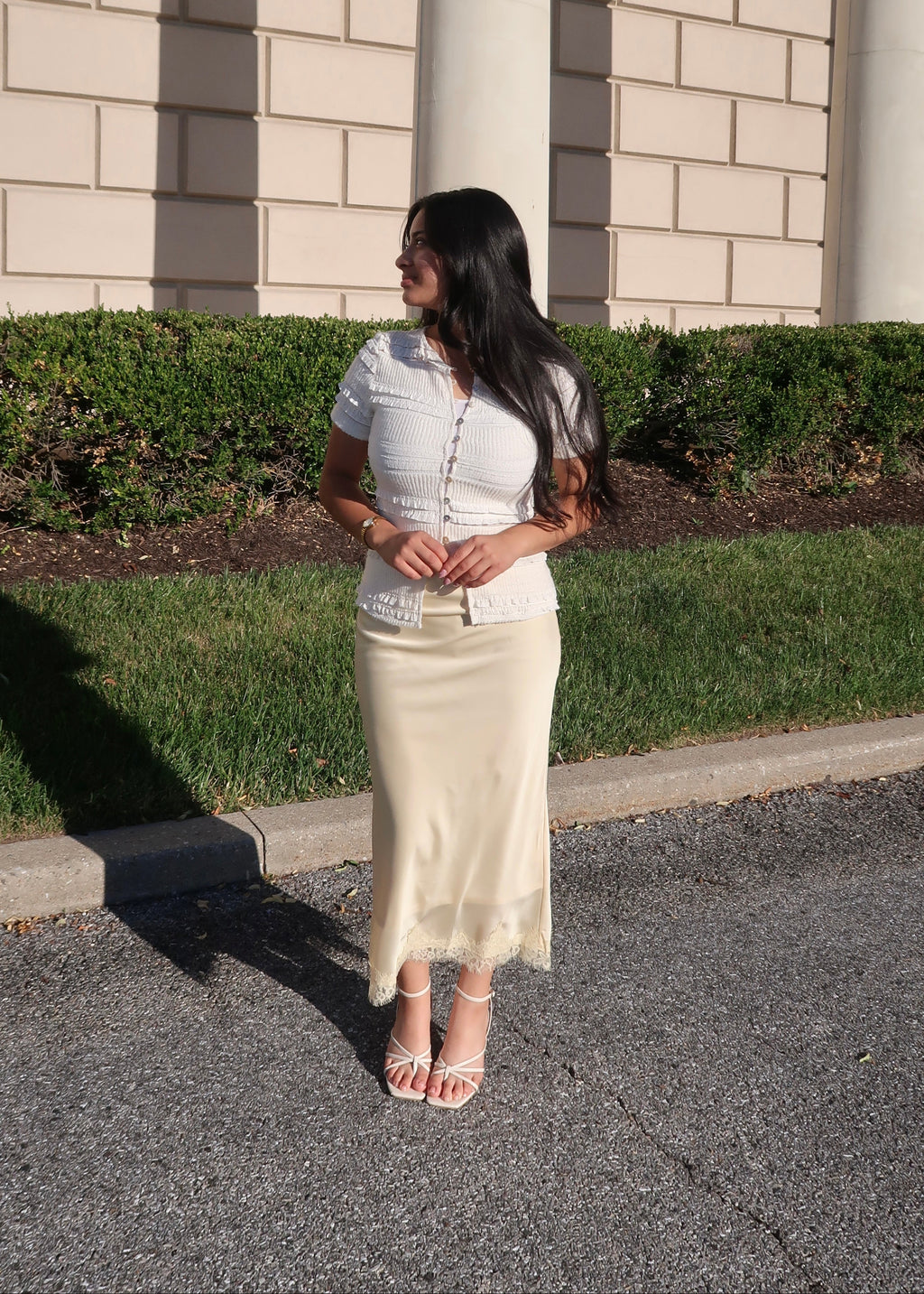 butter yellow lace satin midi skirt, spring/summer