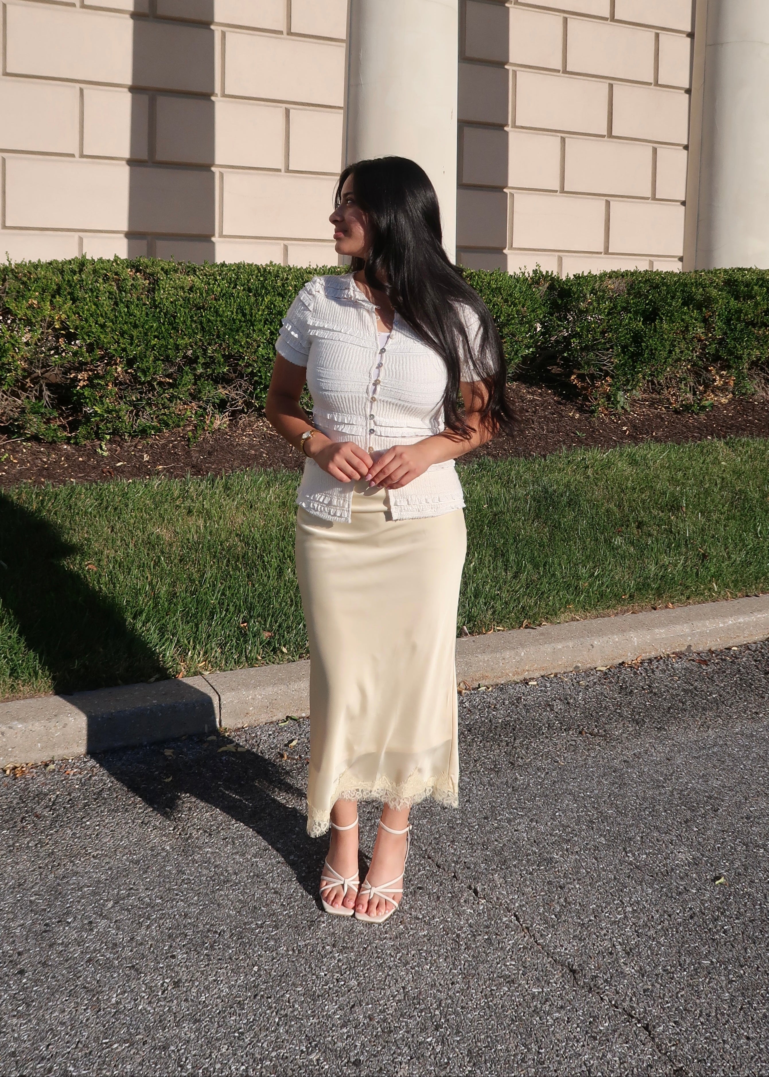 butter yellow lace satin midi skirt, spring/summer