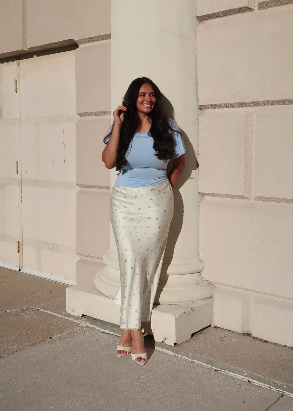 daisy satin midi skirt, lace trim, floral details, butter yellow, cream, satin