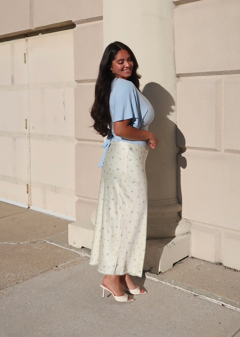 daisy satin midi skirt, lace trim, floral details, butter yellow, cream, satin