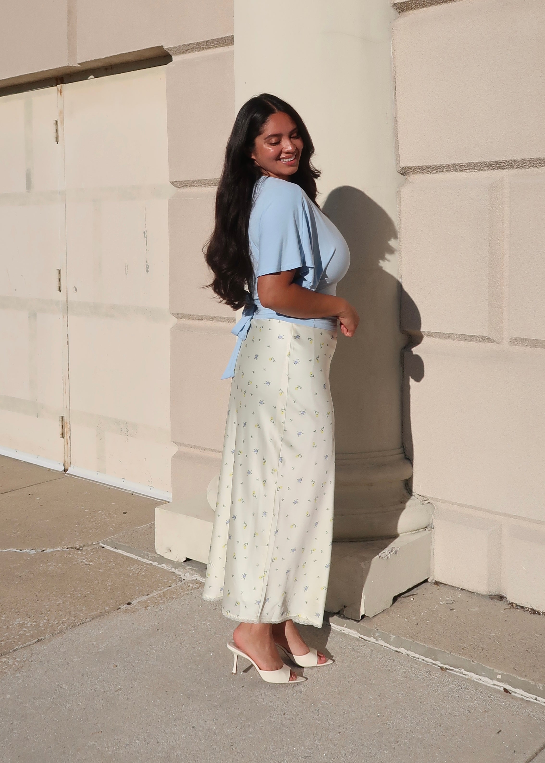 daisy satin midi skirt, lace trim, floral details, butter yellow, cream, satin