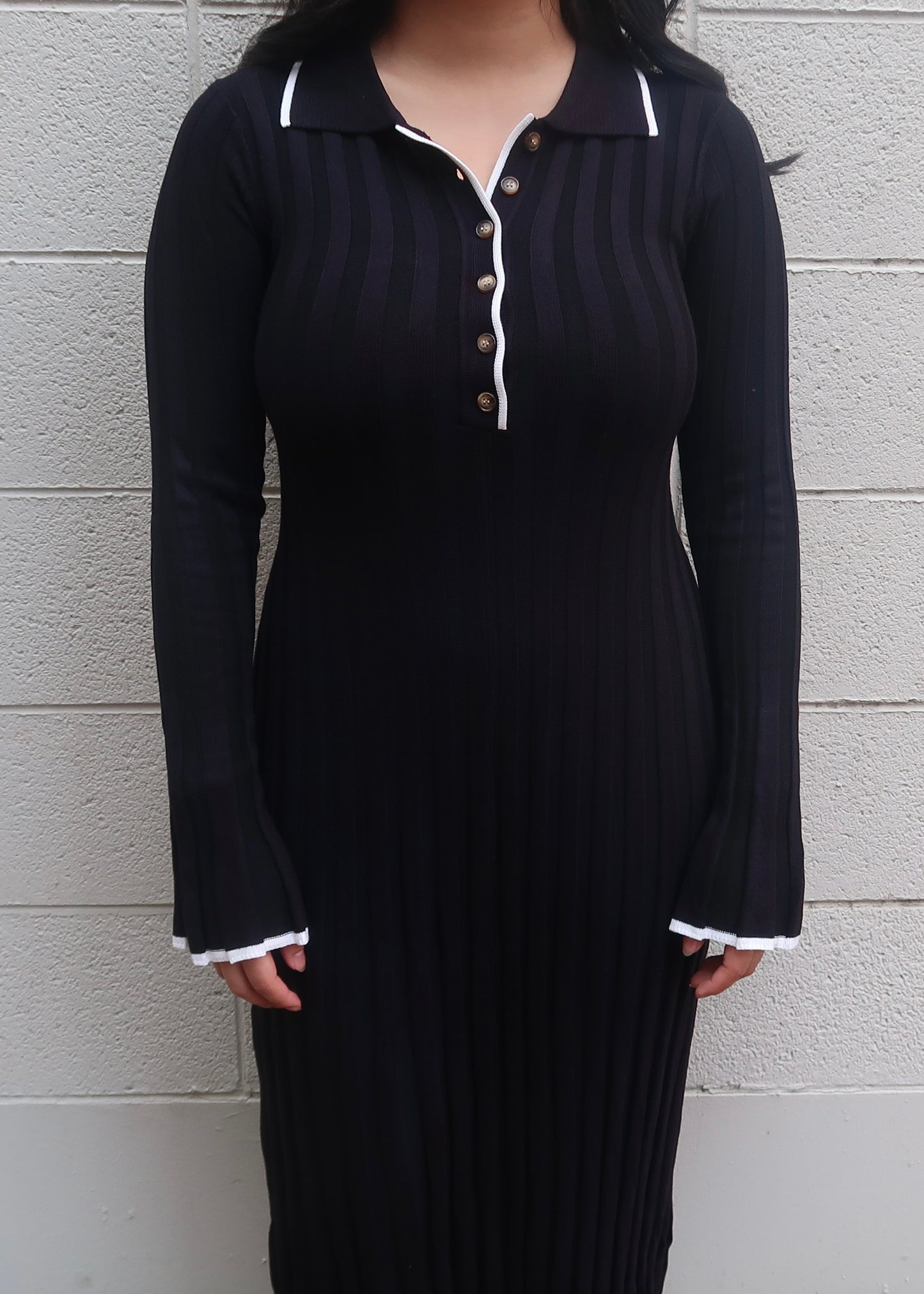 black maxi dress, collared, bell sleeves, button down, white