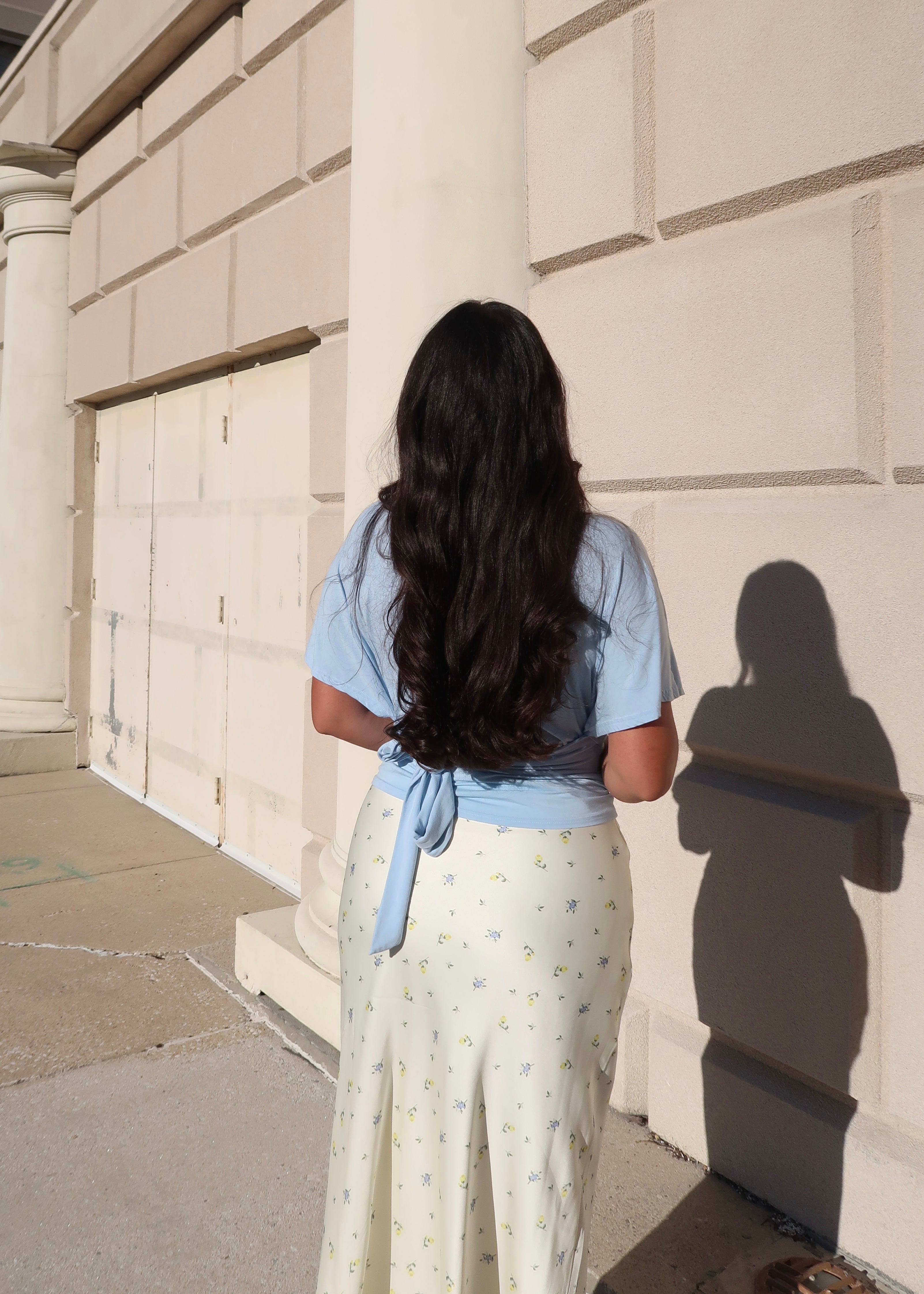 baby blue blouse, drape sleeve, tie in the back, bow