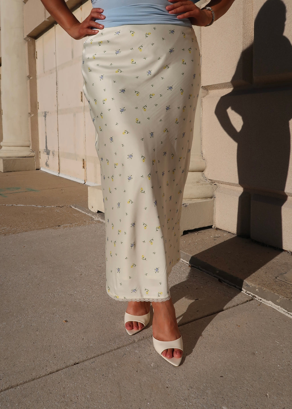 daisy satin midi skirt, lace trim, floral details, butter yellow, cream, satin
