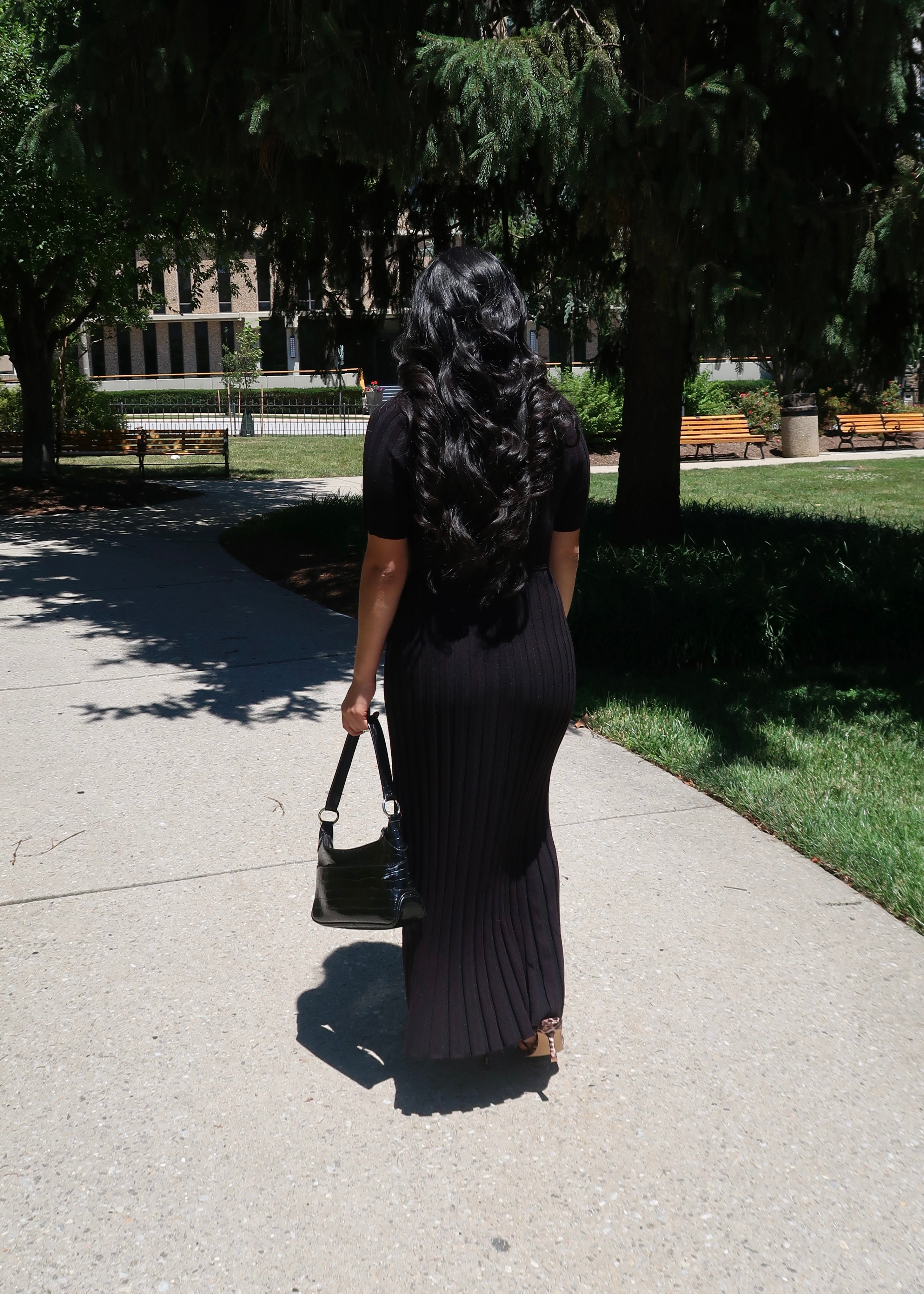 Black knit short sleeve maxi dress, waist tie, v-neck, high neck