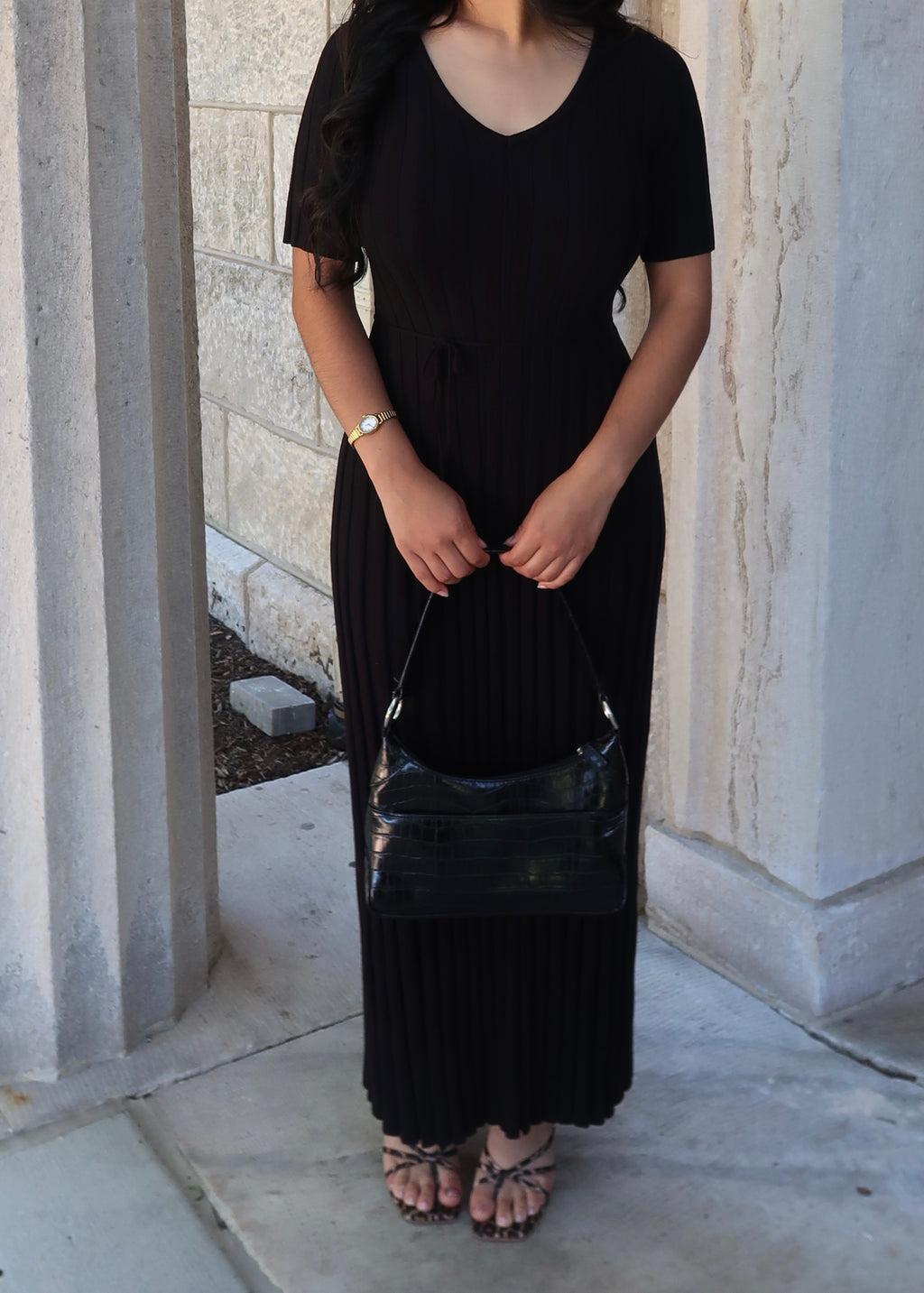 Black knit short sleeve maxi dress, waist tie, v-neck, high neck