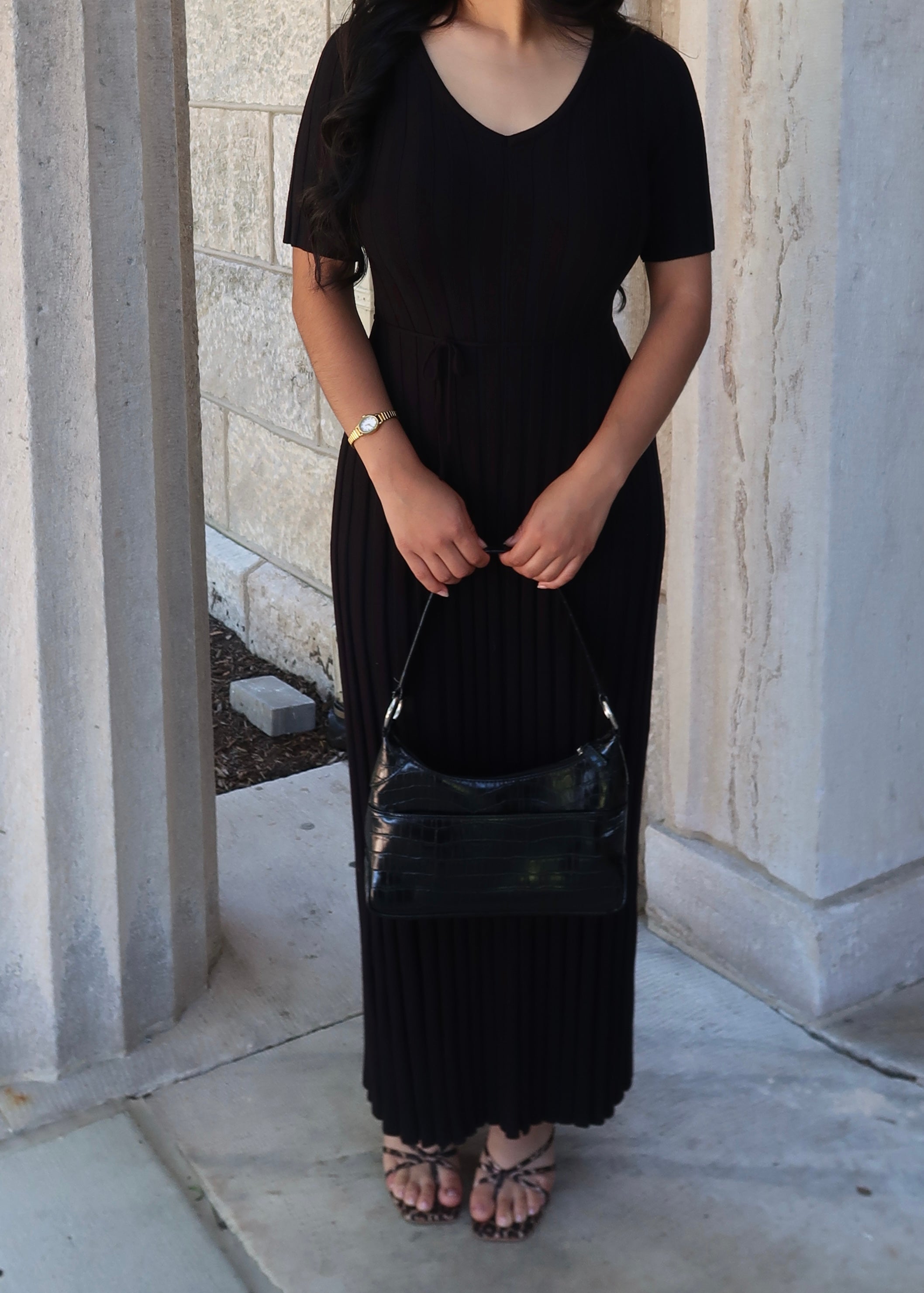 Black knit short sleeve maxi dress, waist tie, v-neck, high neck