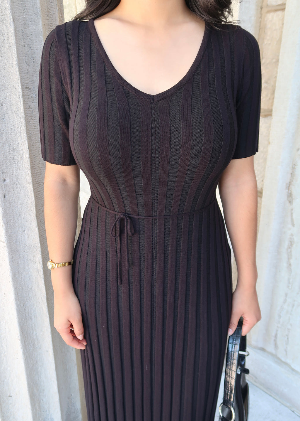 Black knit short sleeve maxi dress, waist tie, v-neck, high neck