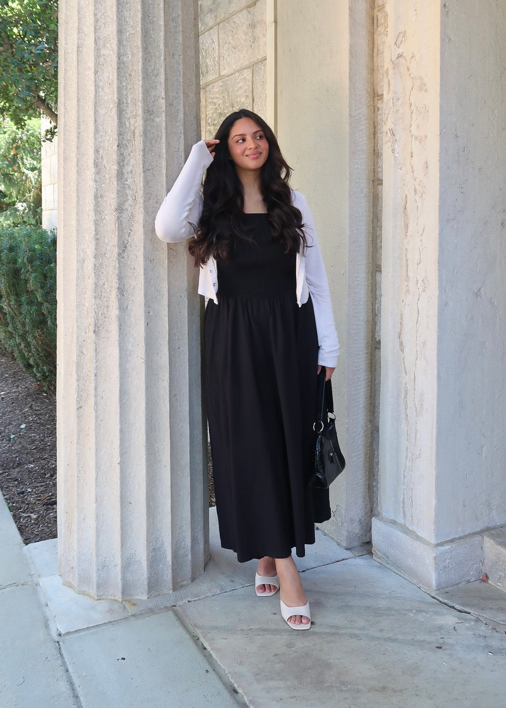 black maxi dress, spaghetti strap dress, smocked, pocket
