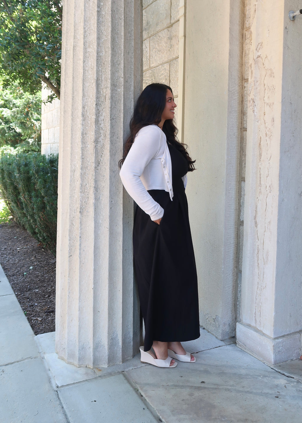 black maxi dress, spaghetti strap dress, smocked, pocket