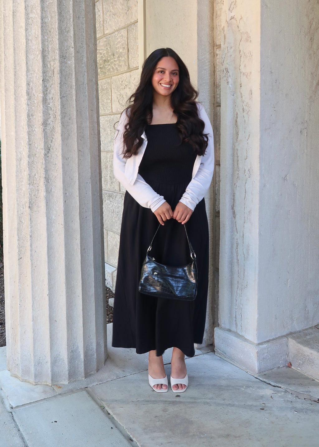 black maxi dress, spaghetti strap dress, smocked, pocket