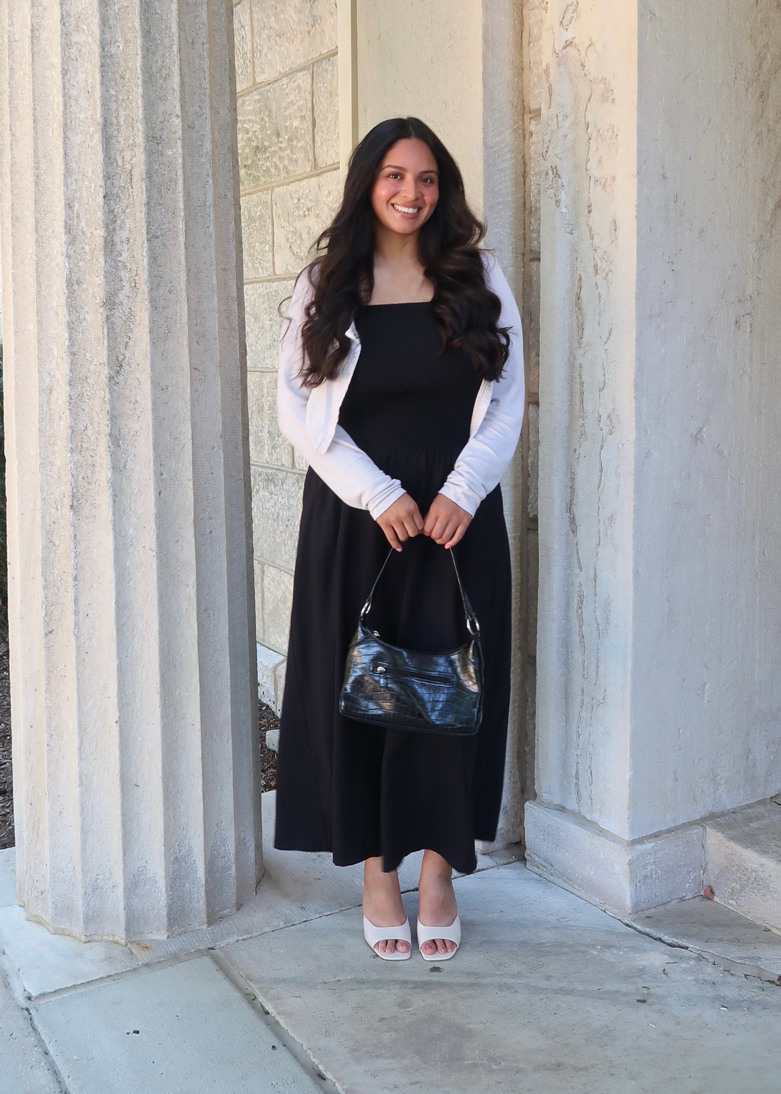 black maxi dress, spaghetti strap dress, smocked, pocket
